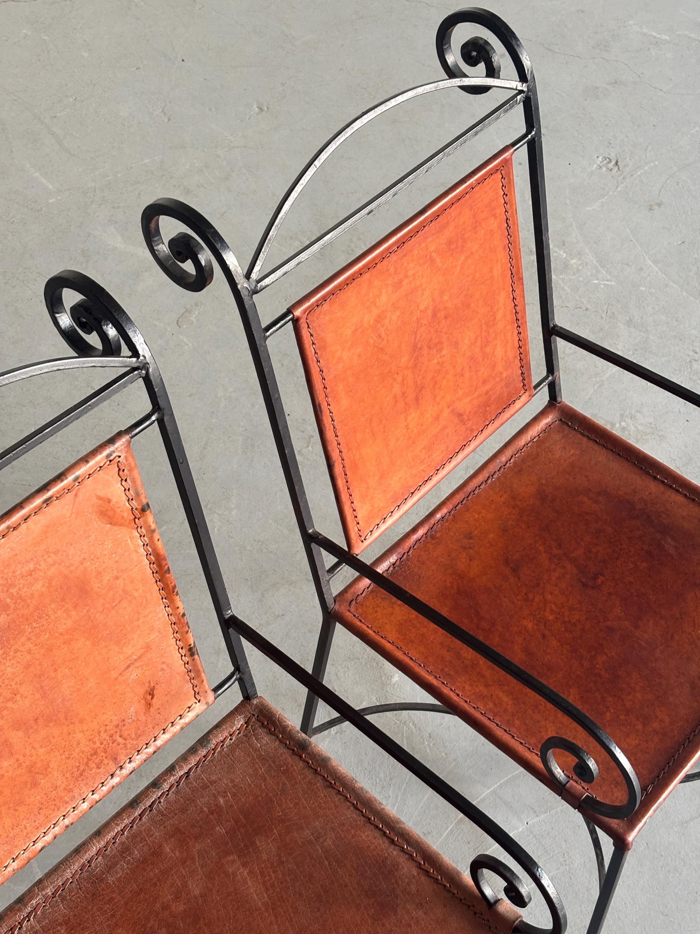 Wrought Iron and Cognac Leather Armchairs