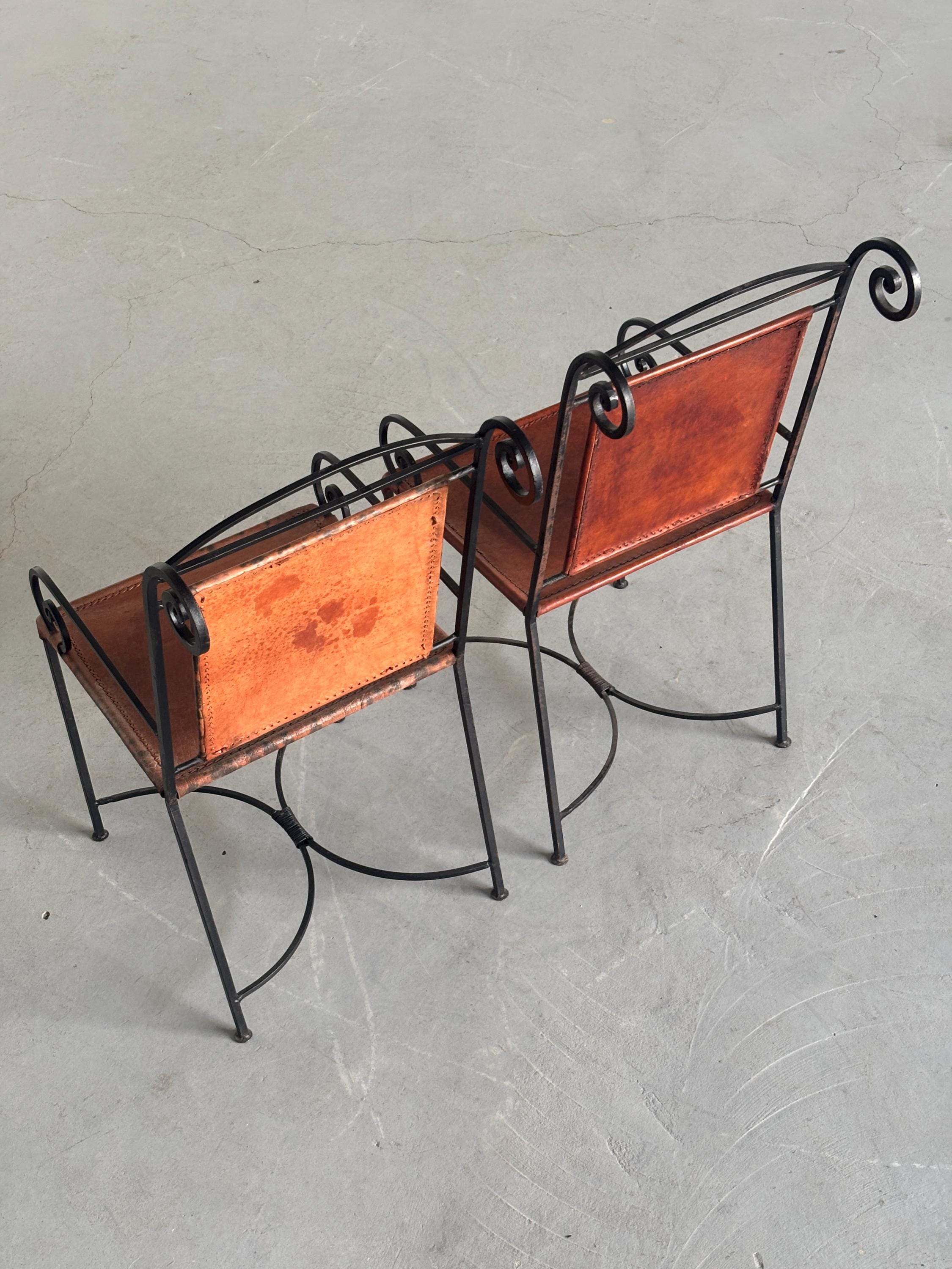 Wrought Iron and Cognac Leather Armchairs