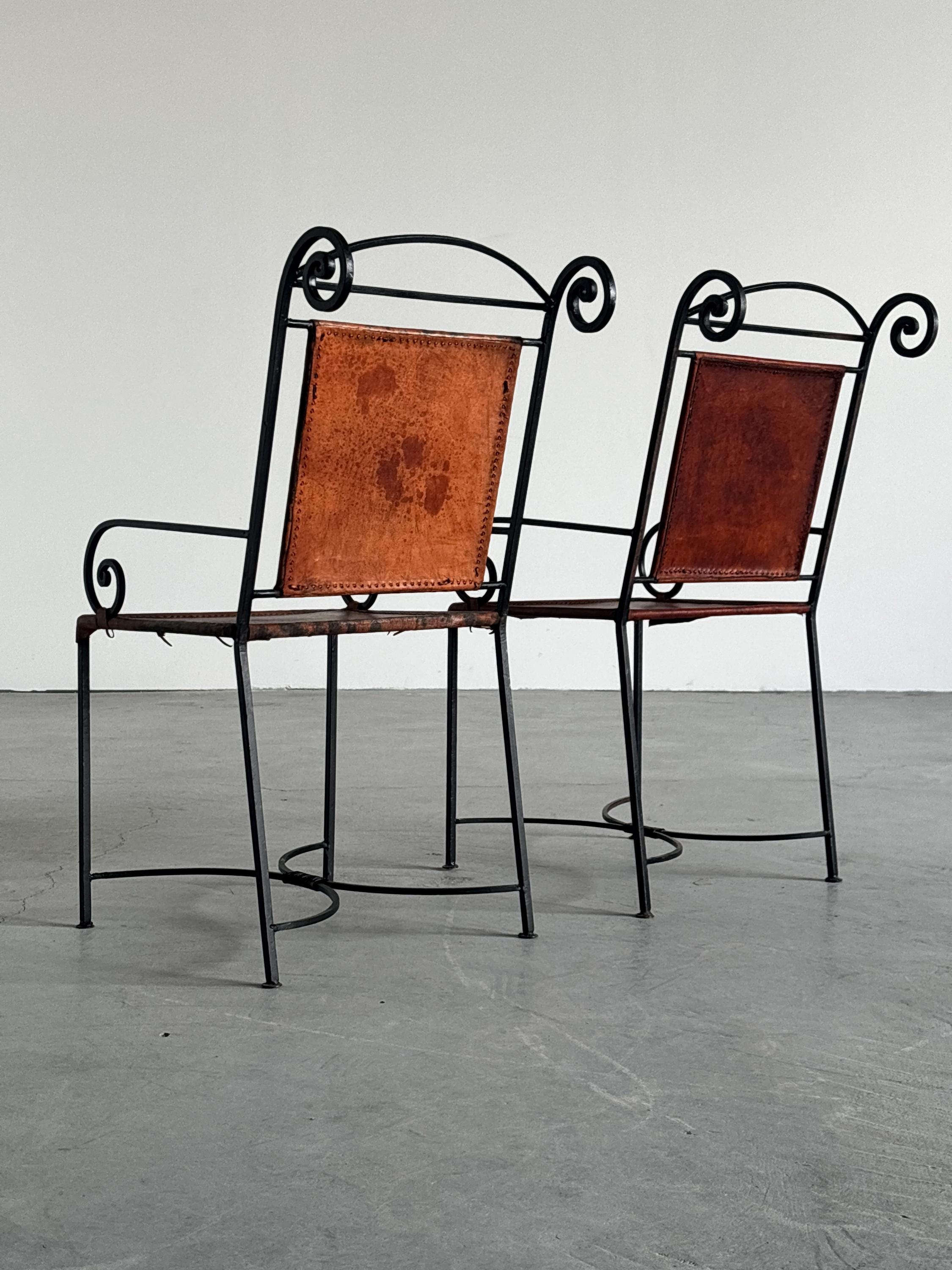 Wrought Iron and Cognac Leather Armchairs