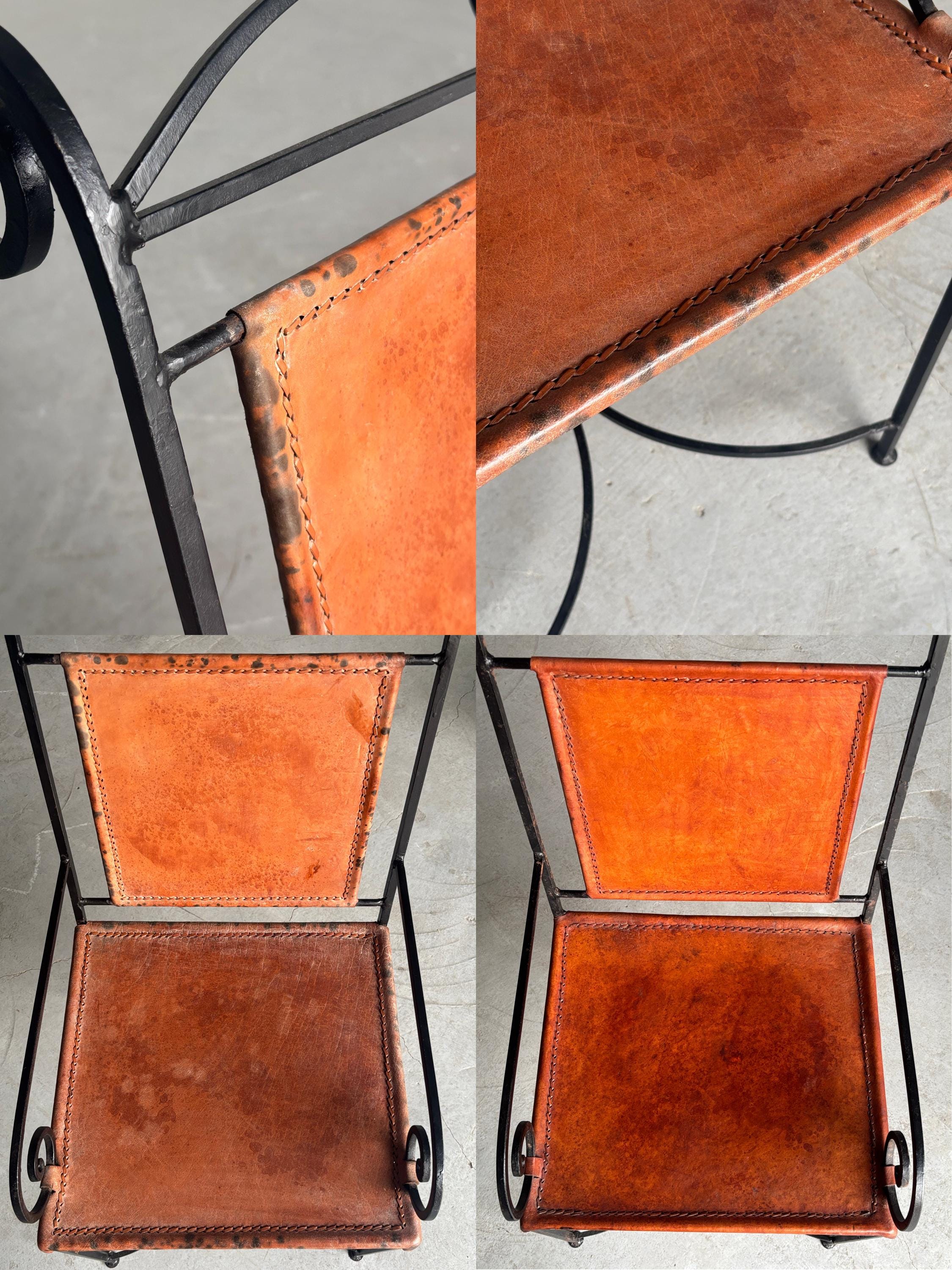 Wrought Iron and Cognac Leather Armchairs