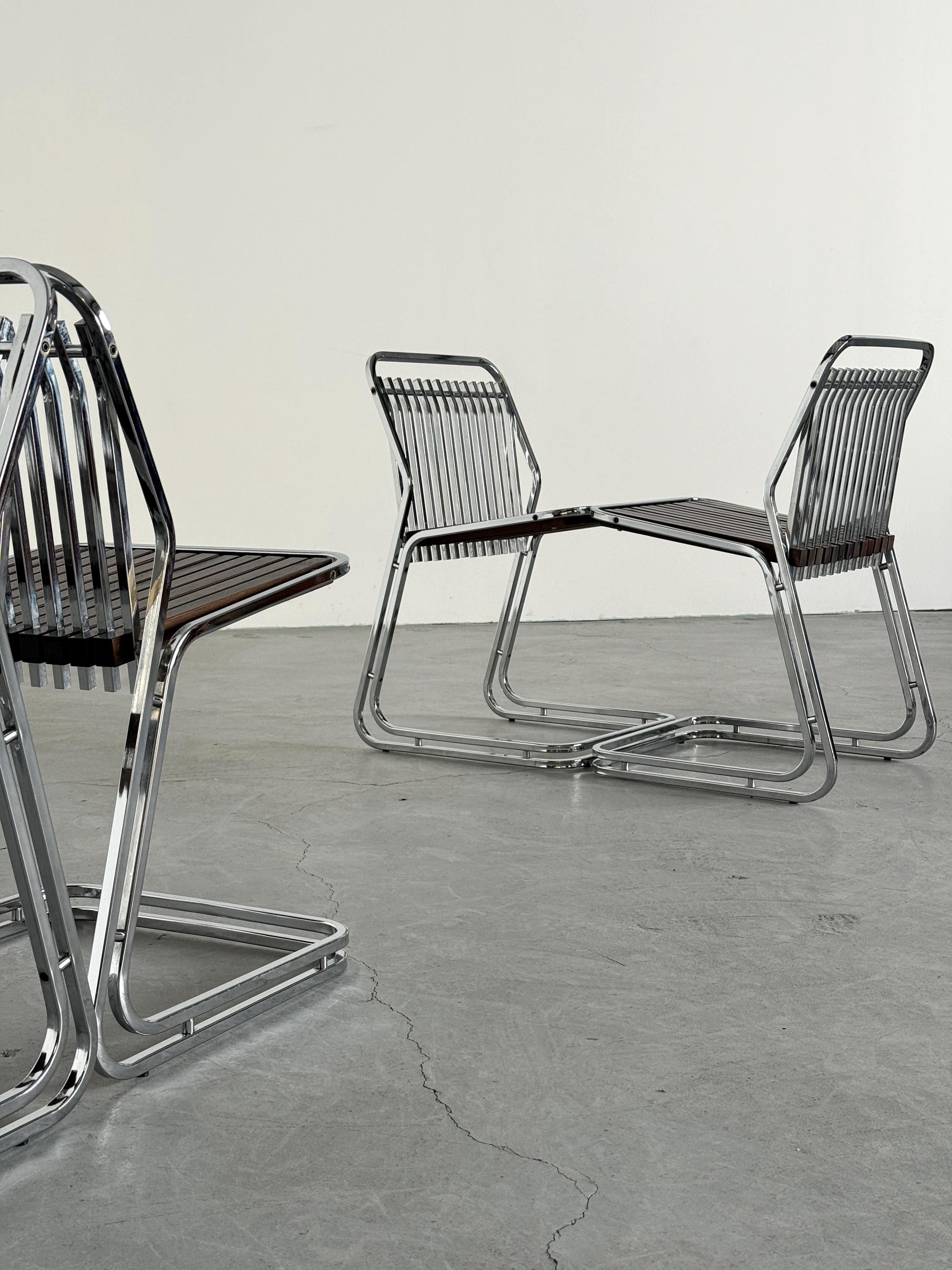 Cantilever Chairs in Chromed Steel and Slated Wood