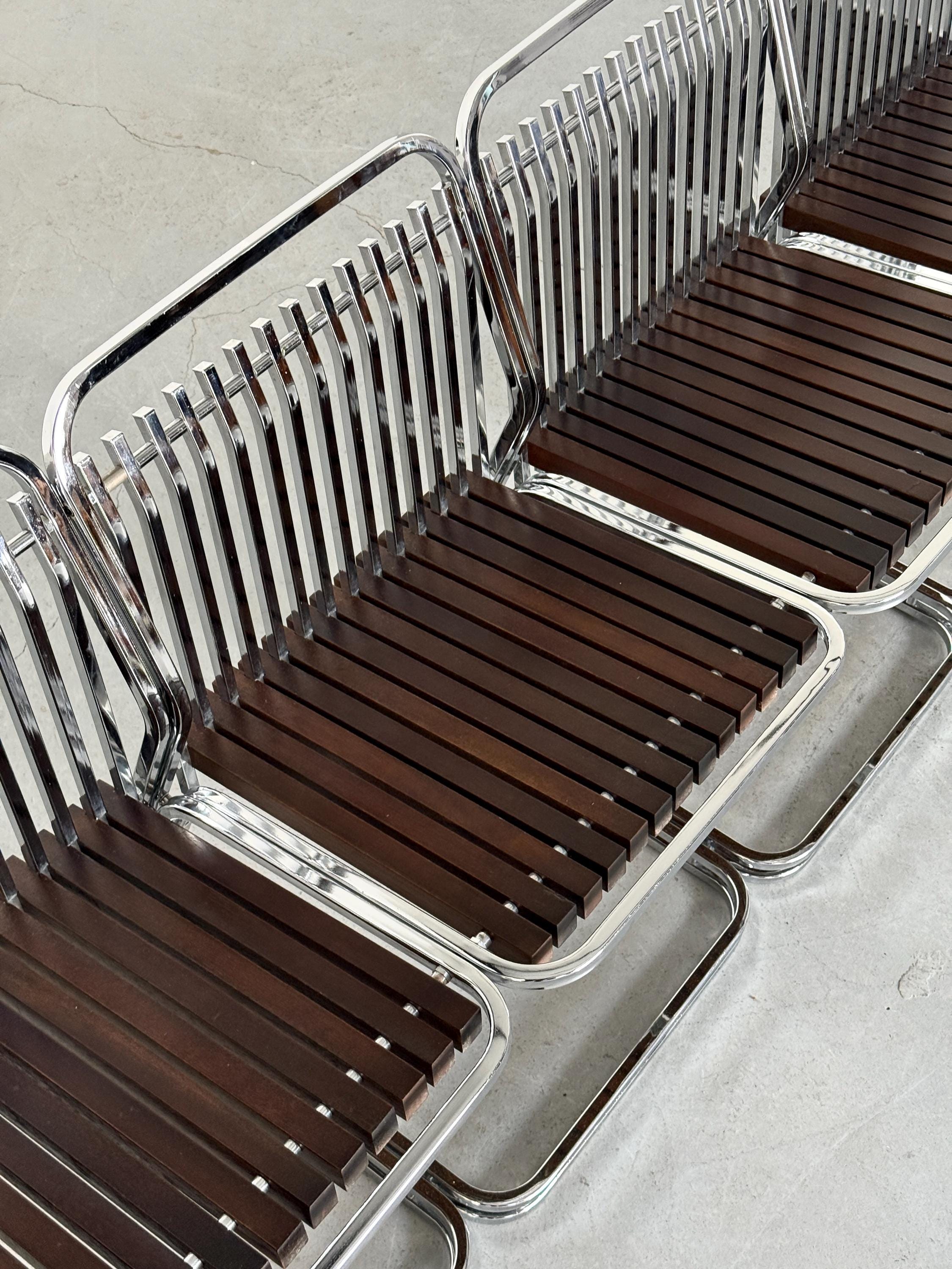 Cantilever Chairs in Chromed Steel and Slated Wood
