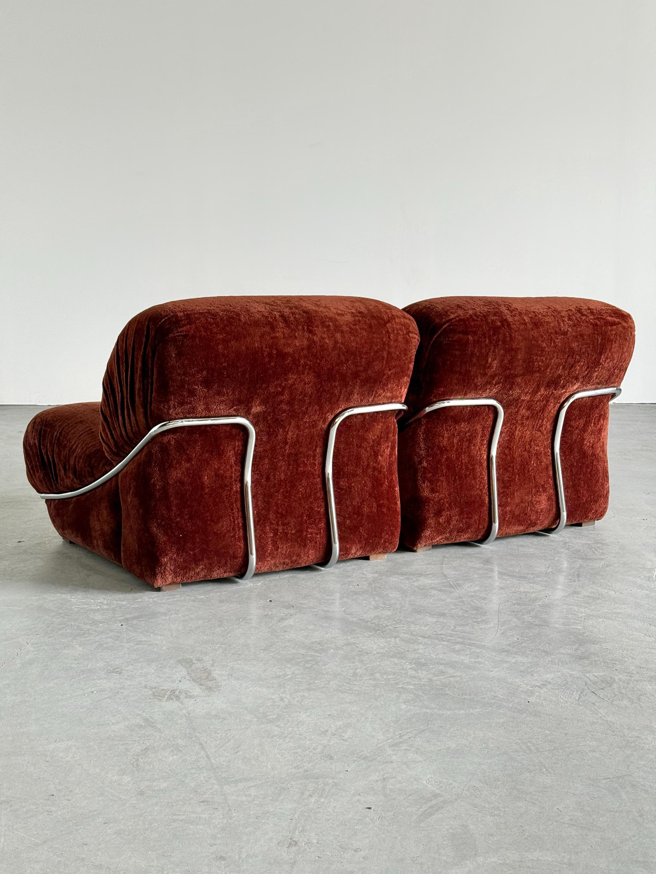 Rust Velvet Lounge Chairs with Chromed Frame