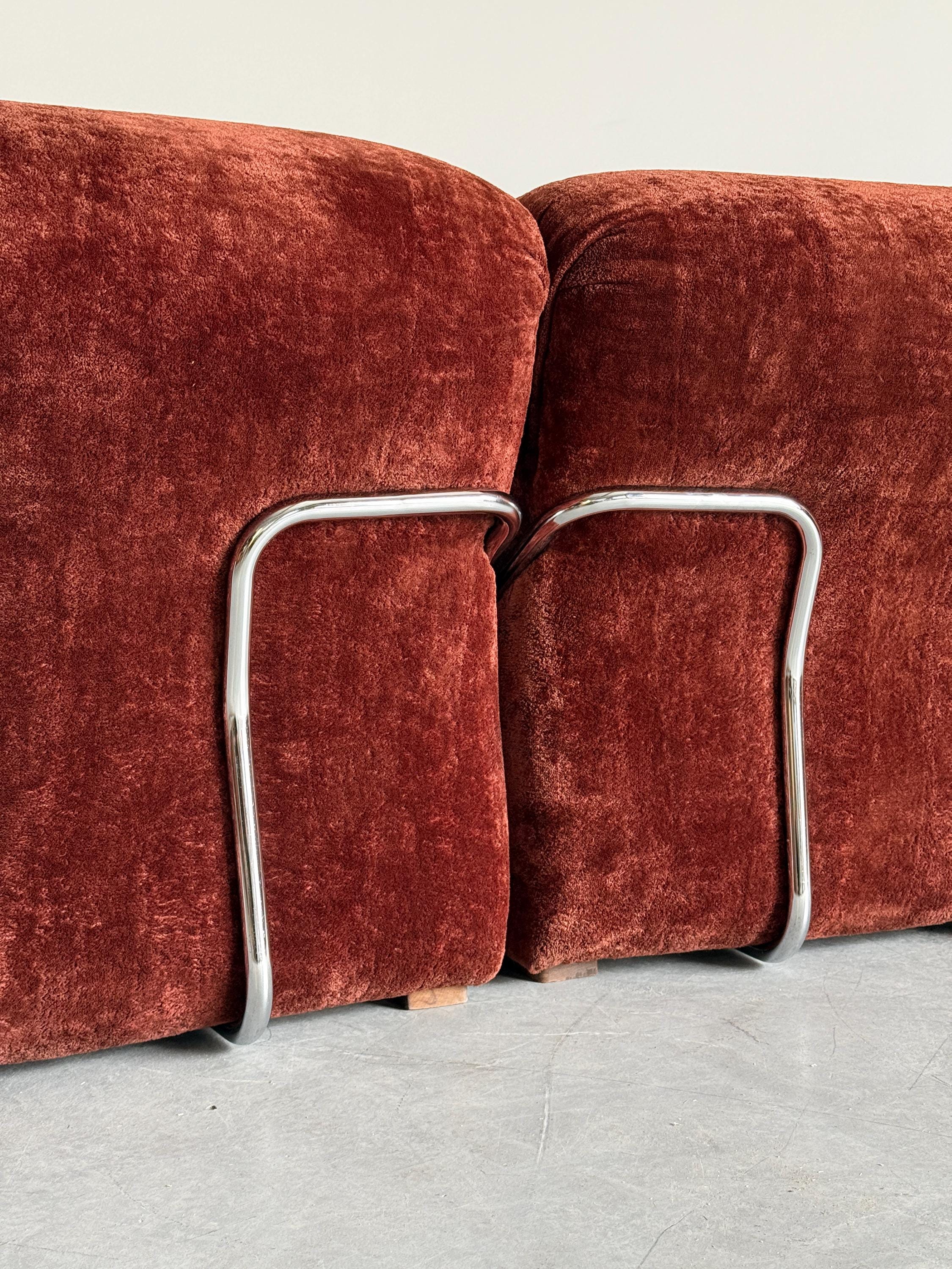 Rust Velvet Lounge Chairs with Chromed Frame