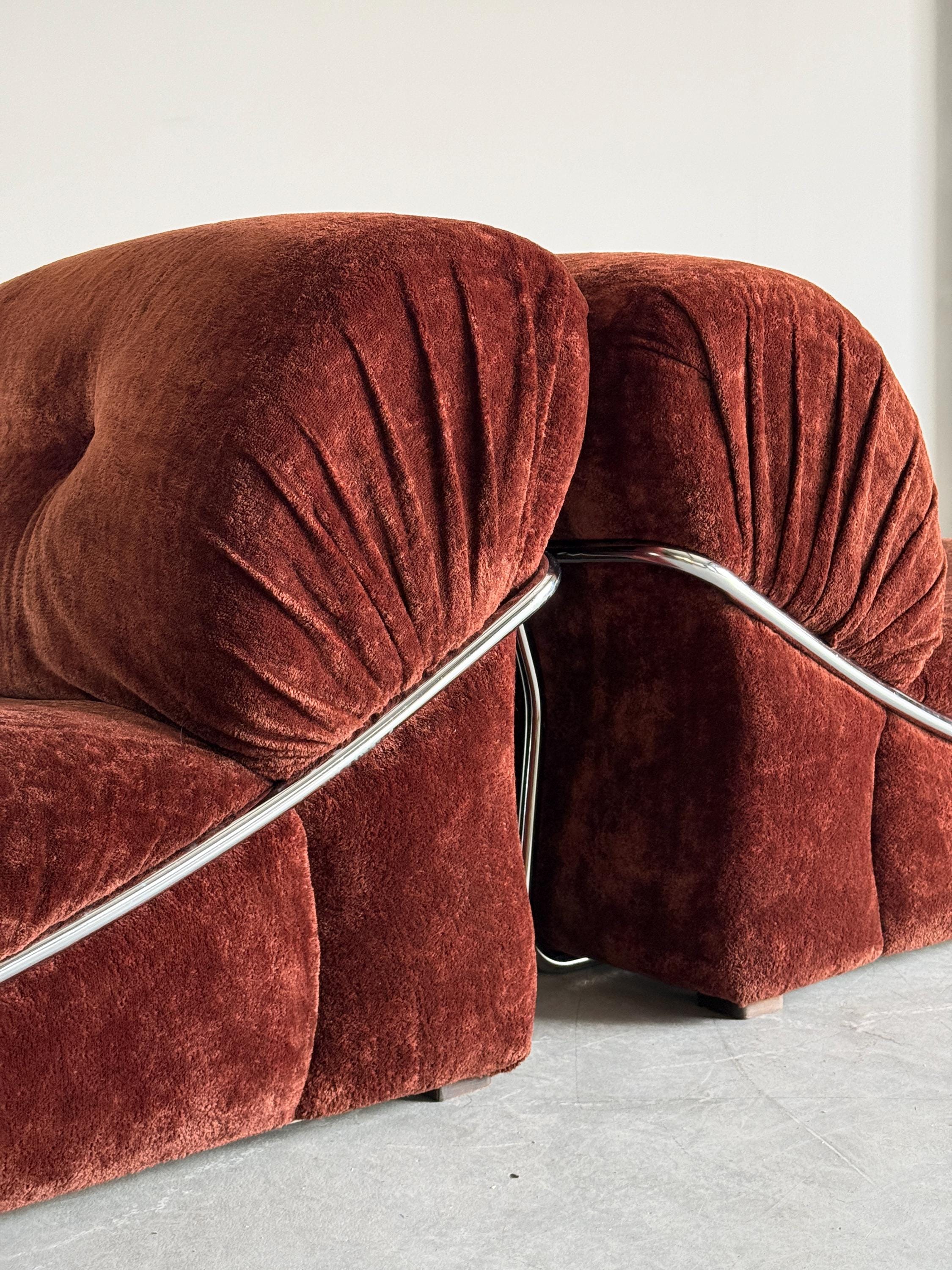 Rust Velvet Lounge Chairs with Chromed Frame