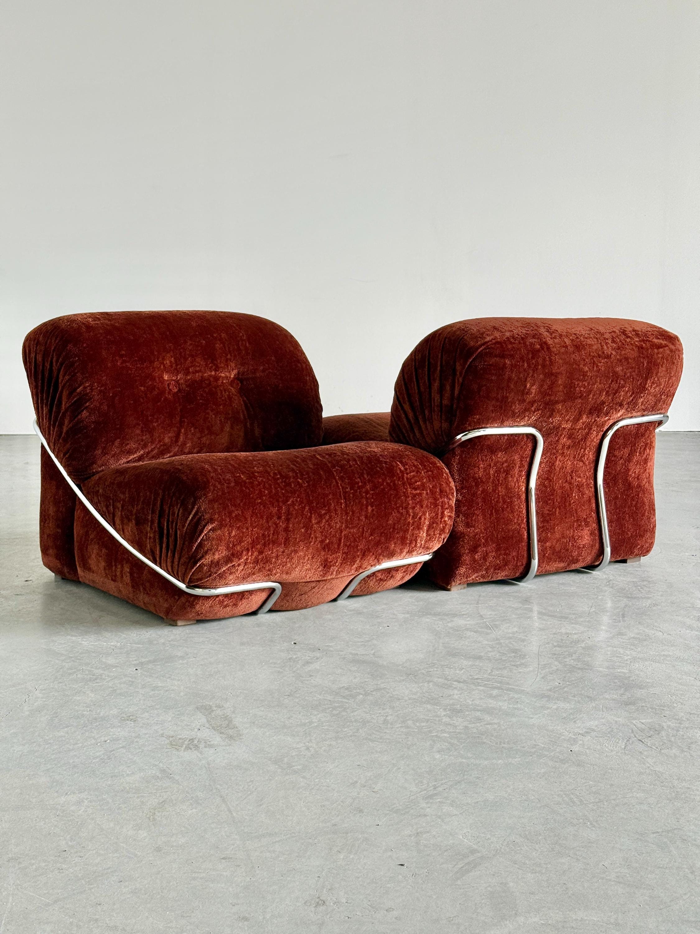 Rust Velvet Lounge Chairs with Chromed Frame