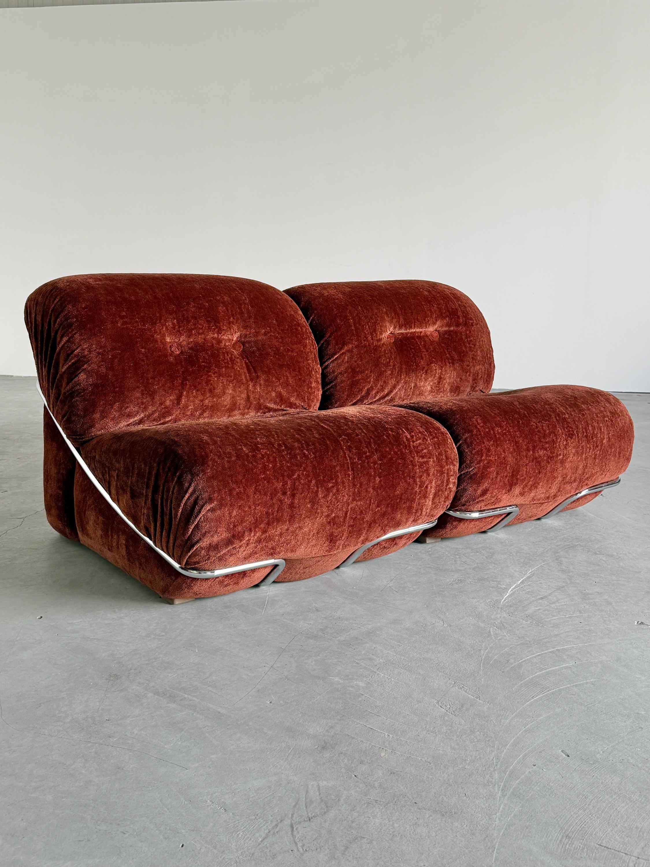 Rust Velvet Lounge Chairs with Chromed Frame