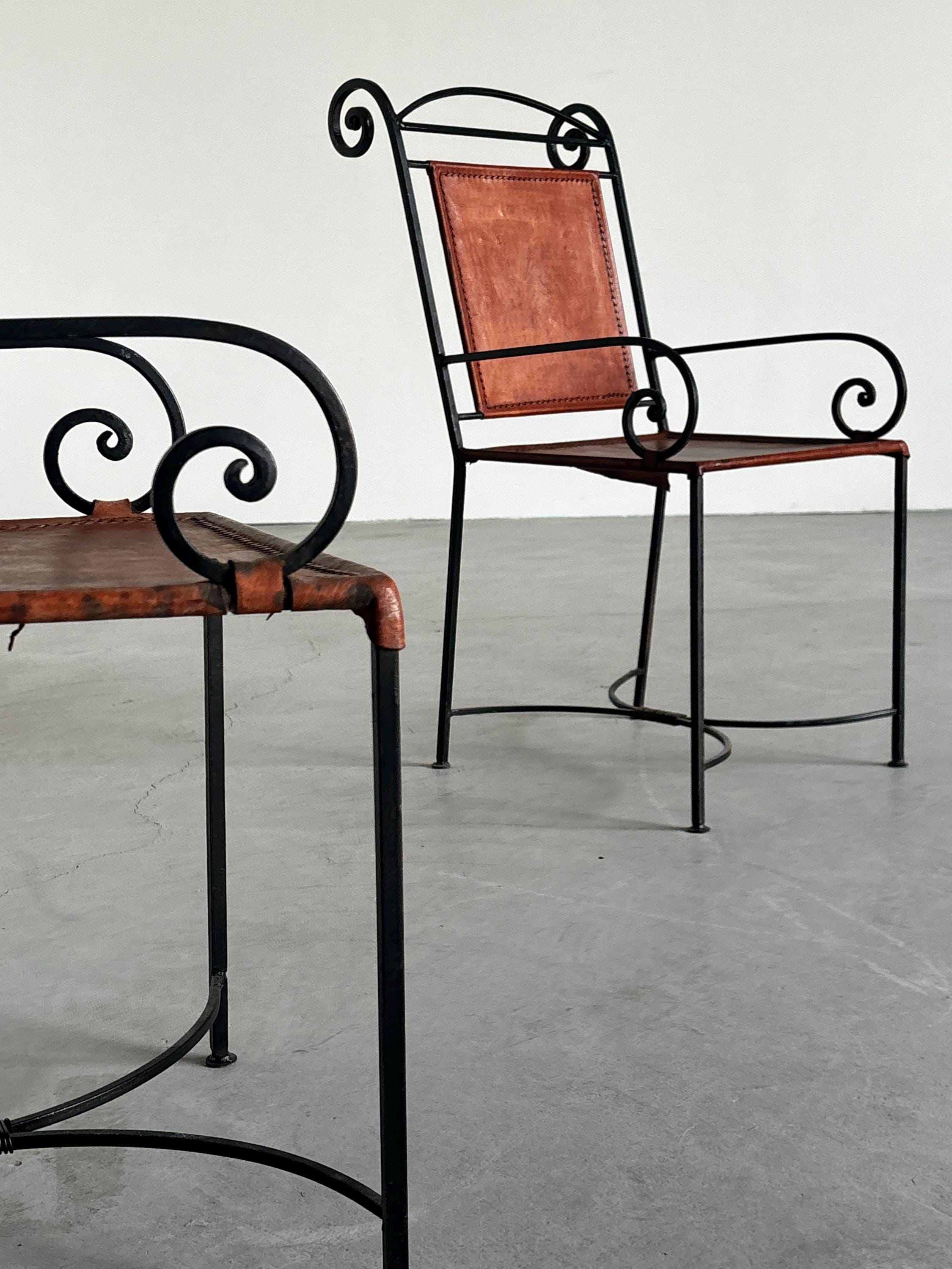Wrought Iron and Cognac Leather Armchairs