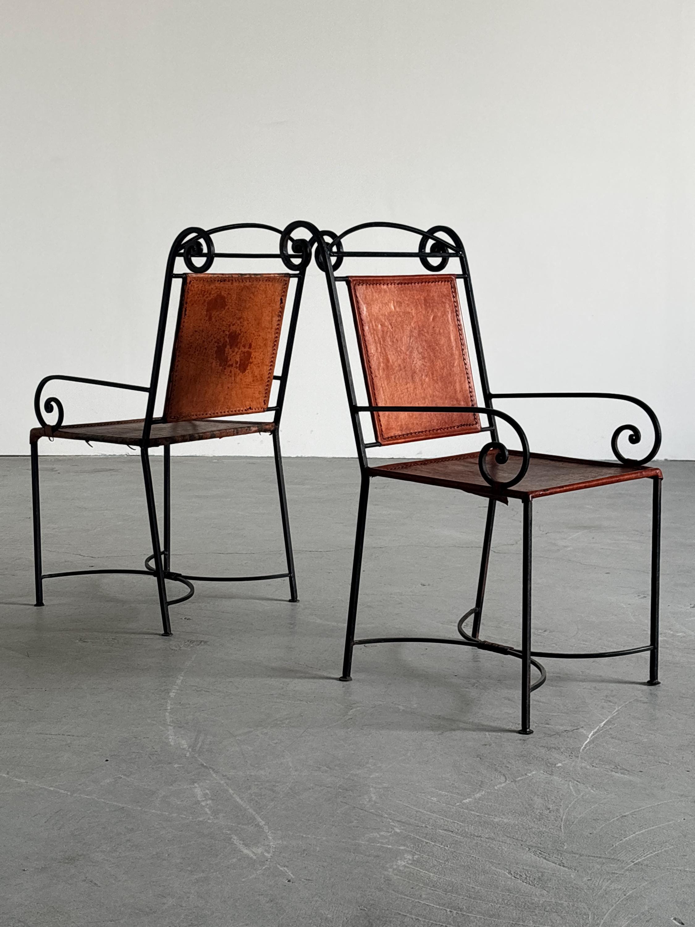 Wrought Iron and Cognac Leather Armchairs