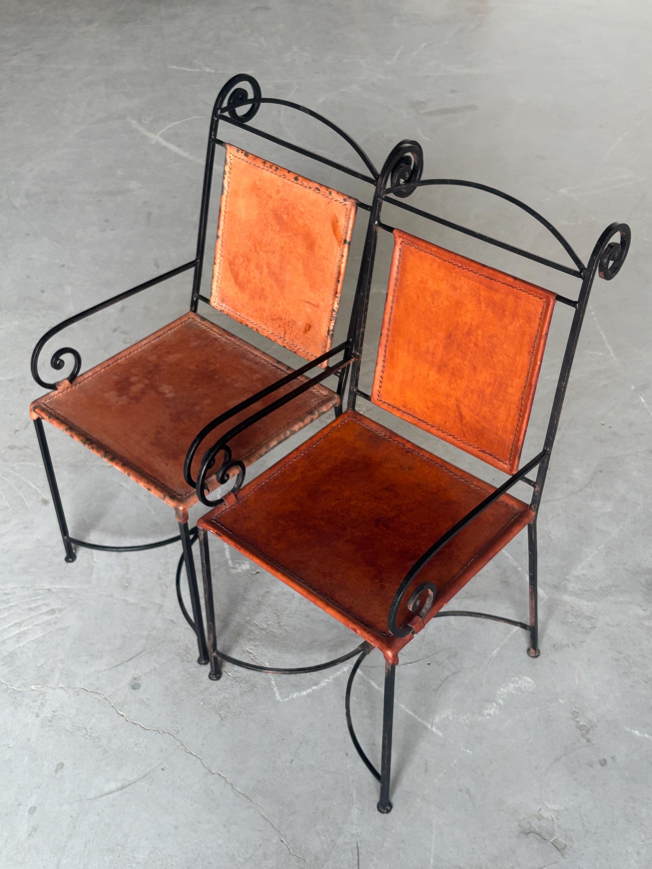 Wrought Iron and Cognac Leather Armchairs