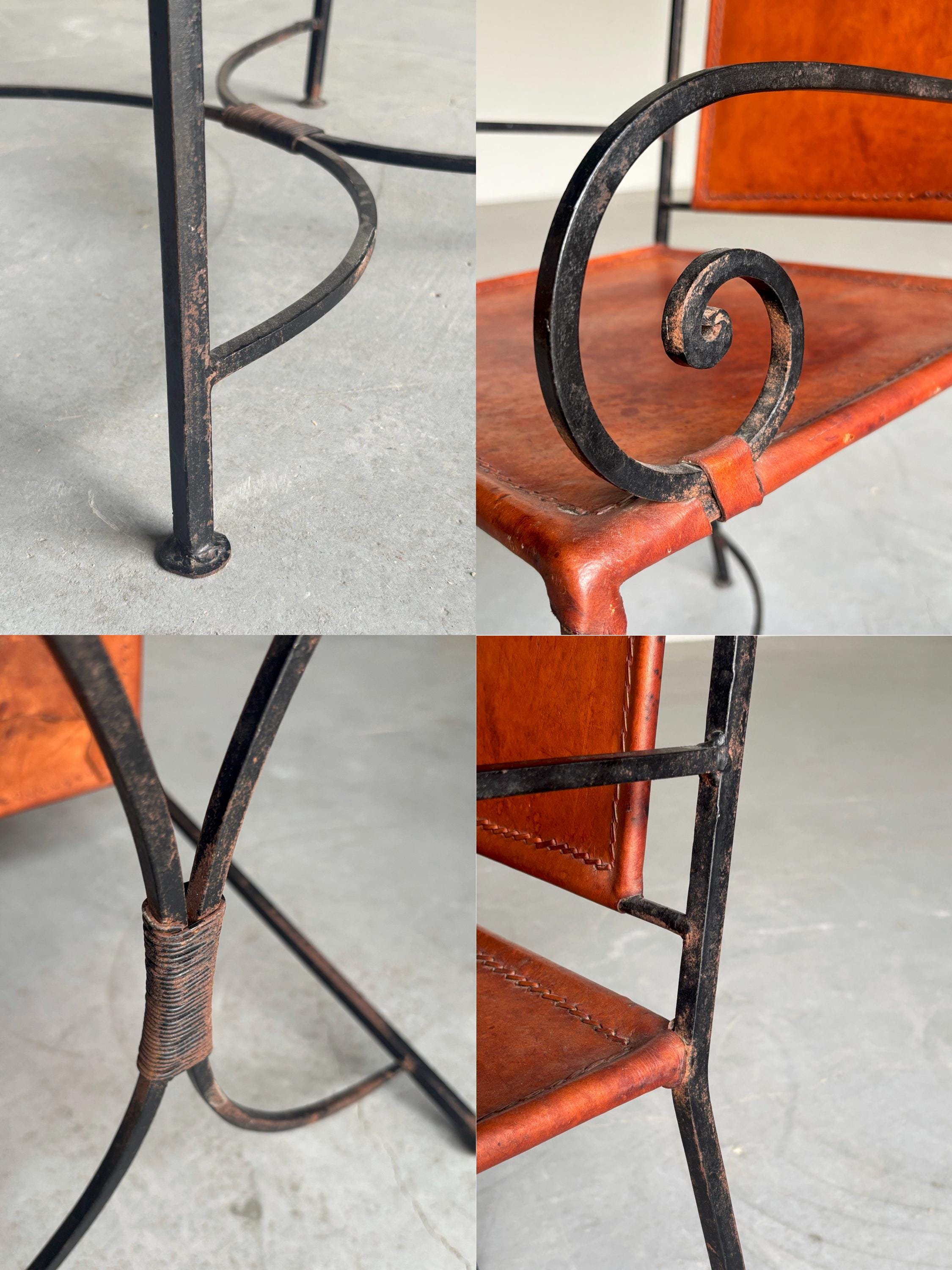 Wrought Iron and Cognac Leather Armchairs