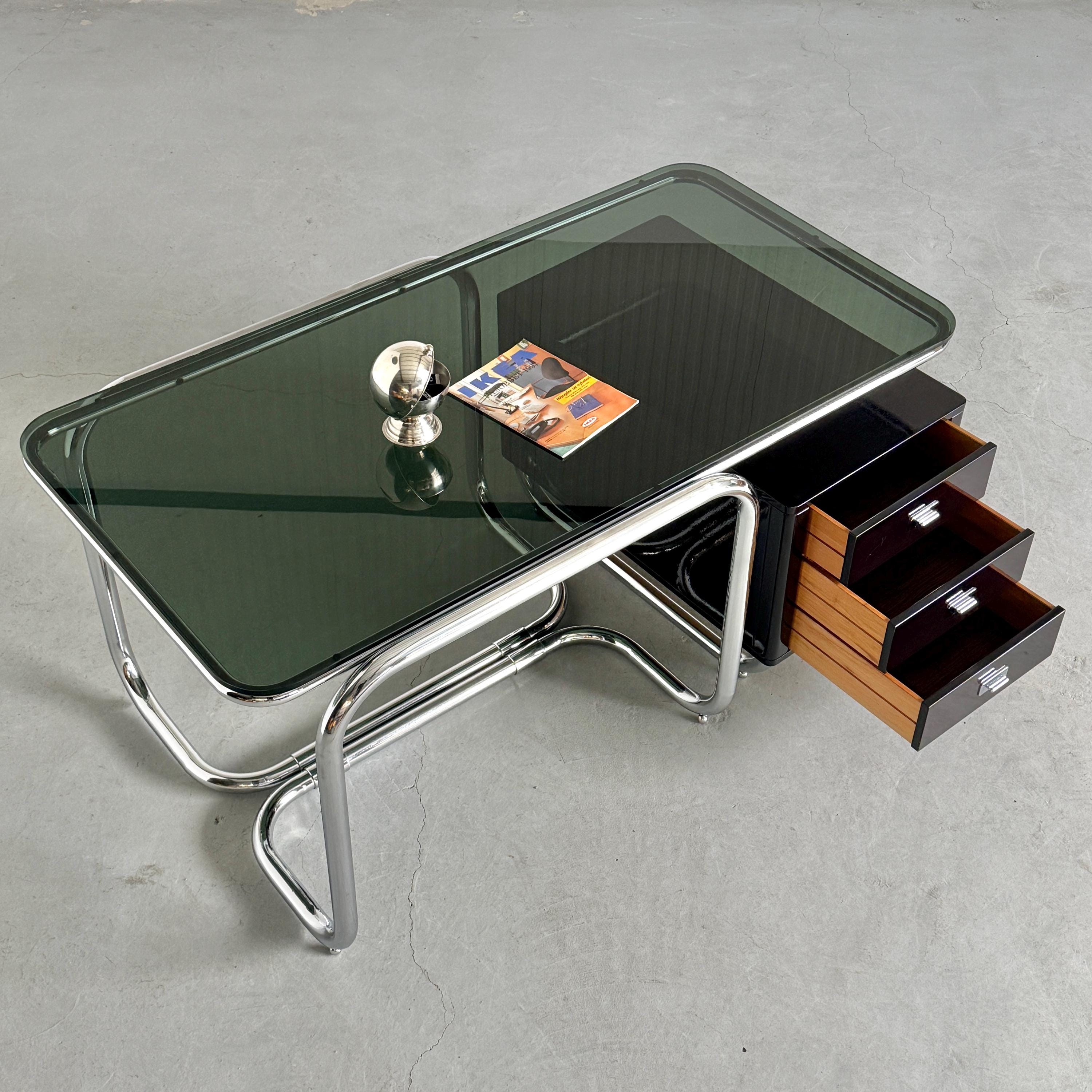 Office Desk in Chrome Tubular Steel, Glass and Lacquered Wood