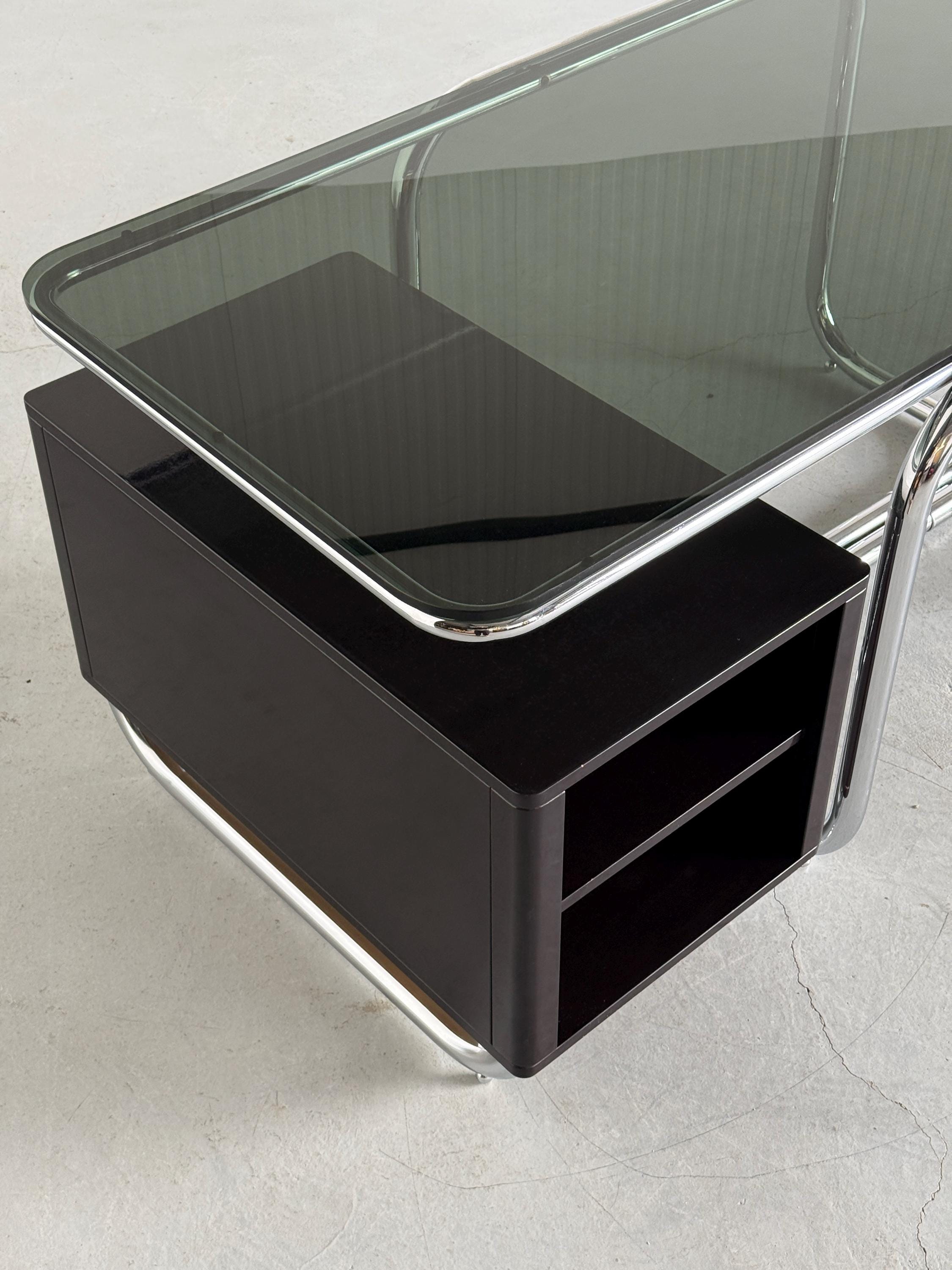 Office Desk in Chrome Tubular Steel, Glass and Lacquered Wood