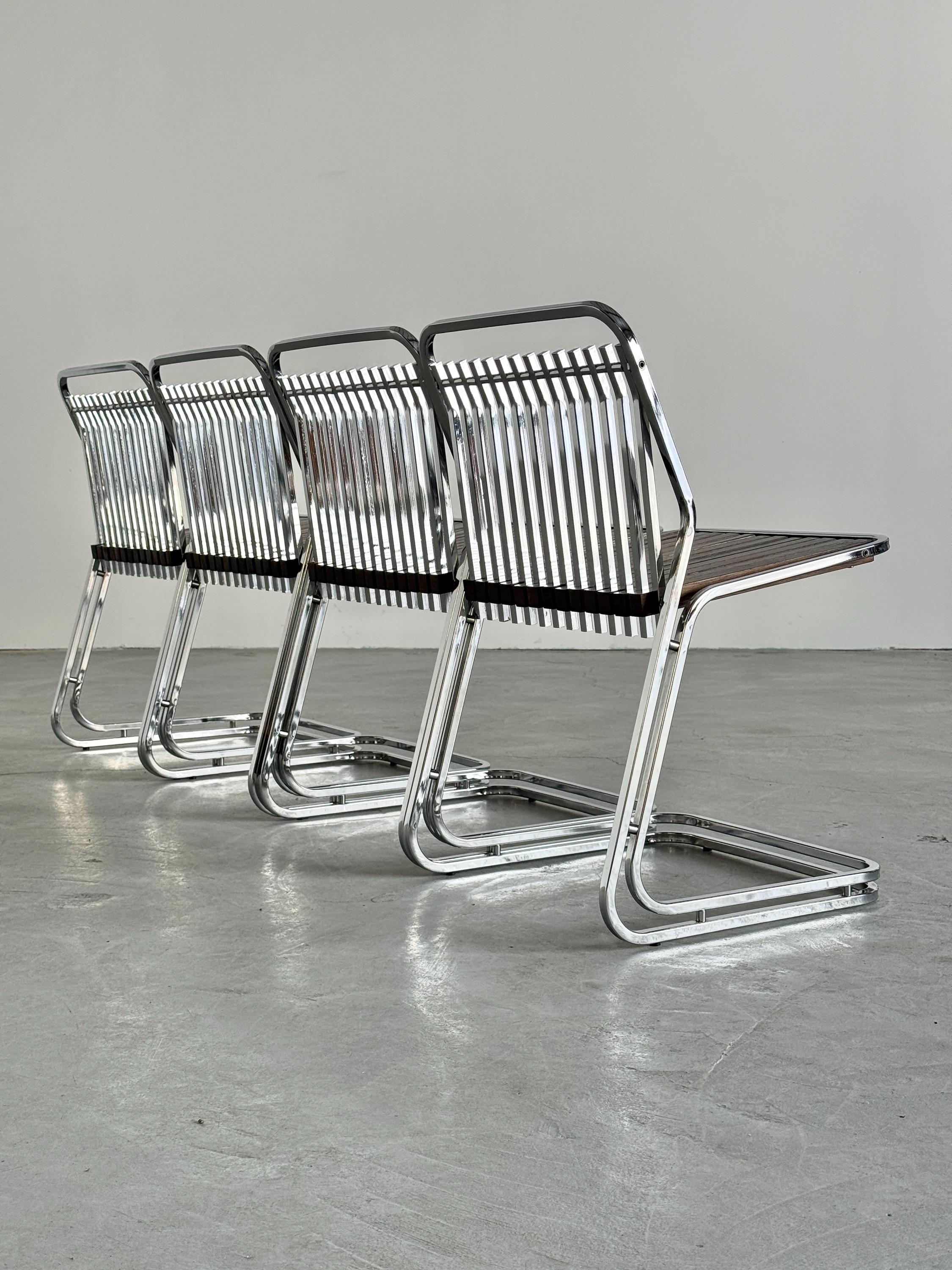 Cantilever Chairs in Chromed Steel and Slated Wood