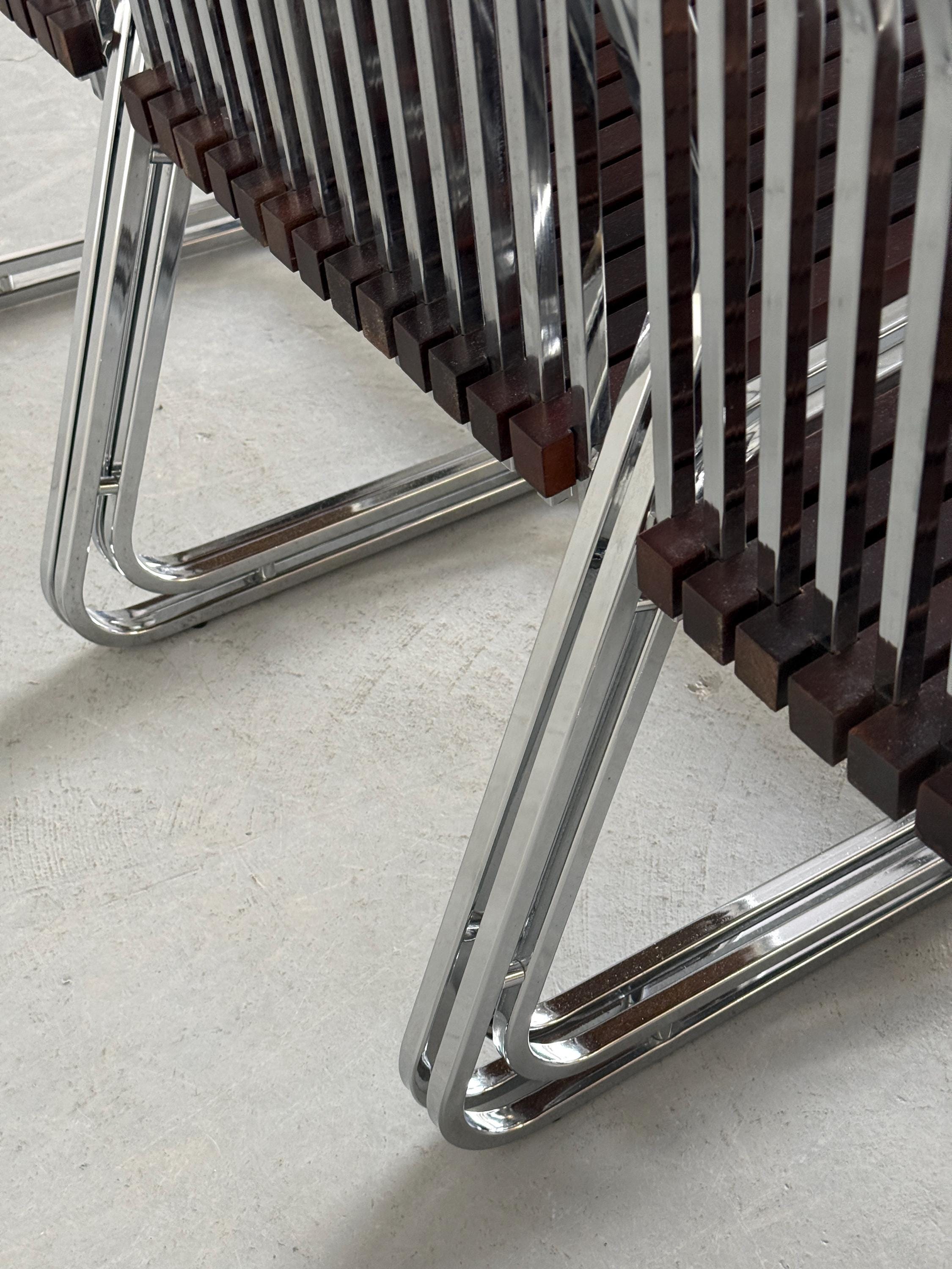 Cantilever Chairs in Chromed Steel and Slated Wood