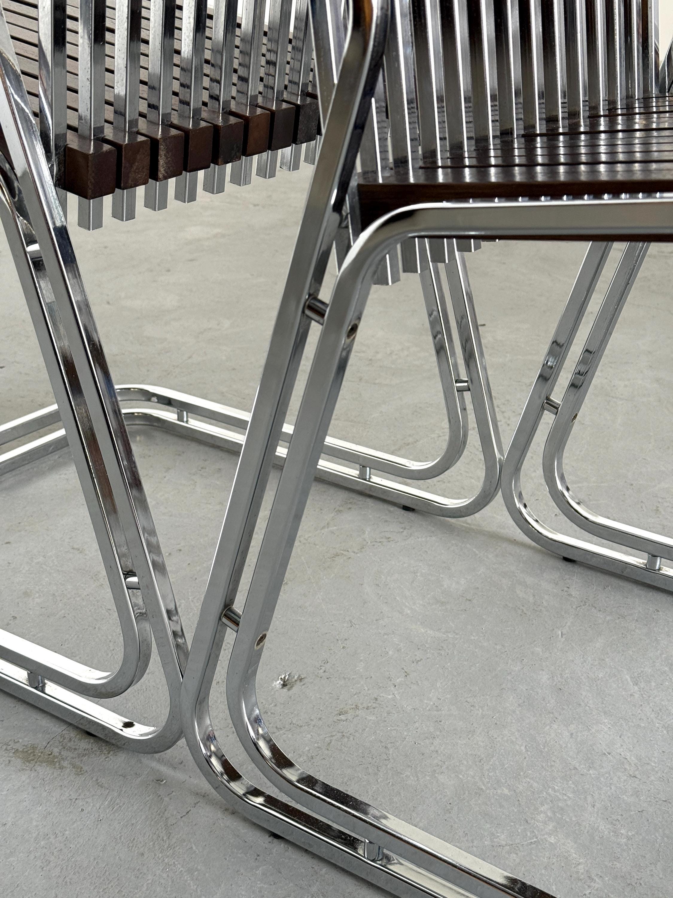Cantilever Chairs in Chromed Steel and Slated Wood