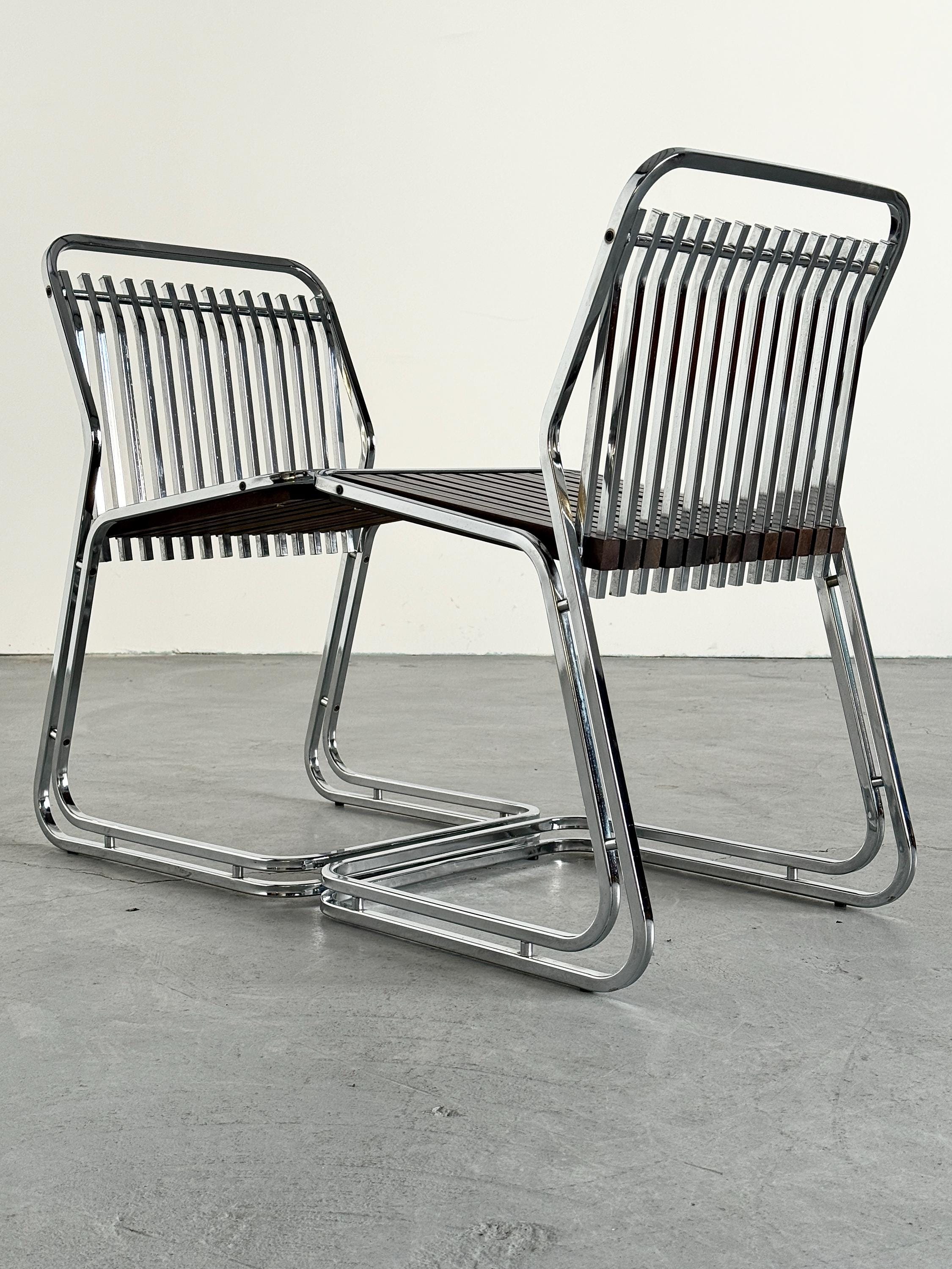 Cantilever Chairs in Chromed Steel and Slated Wood