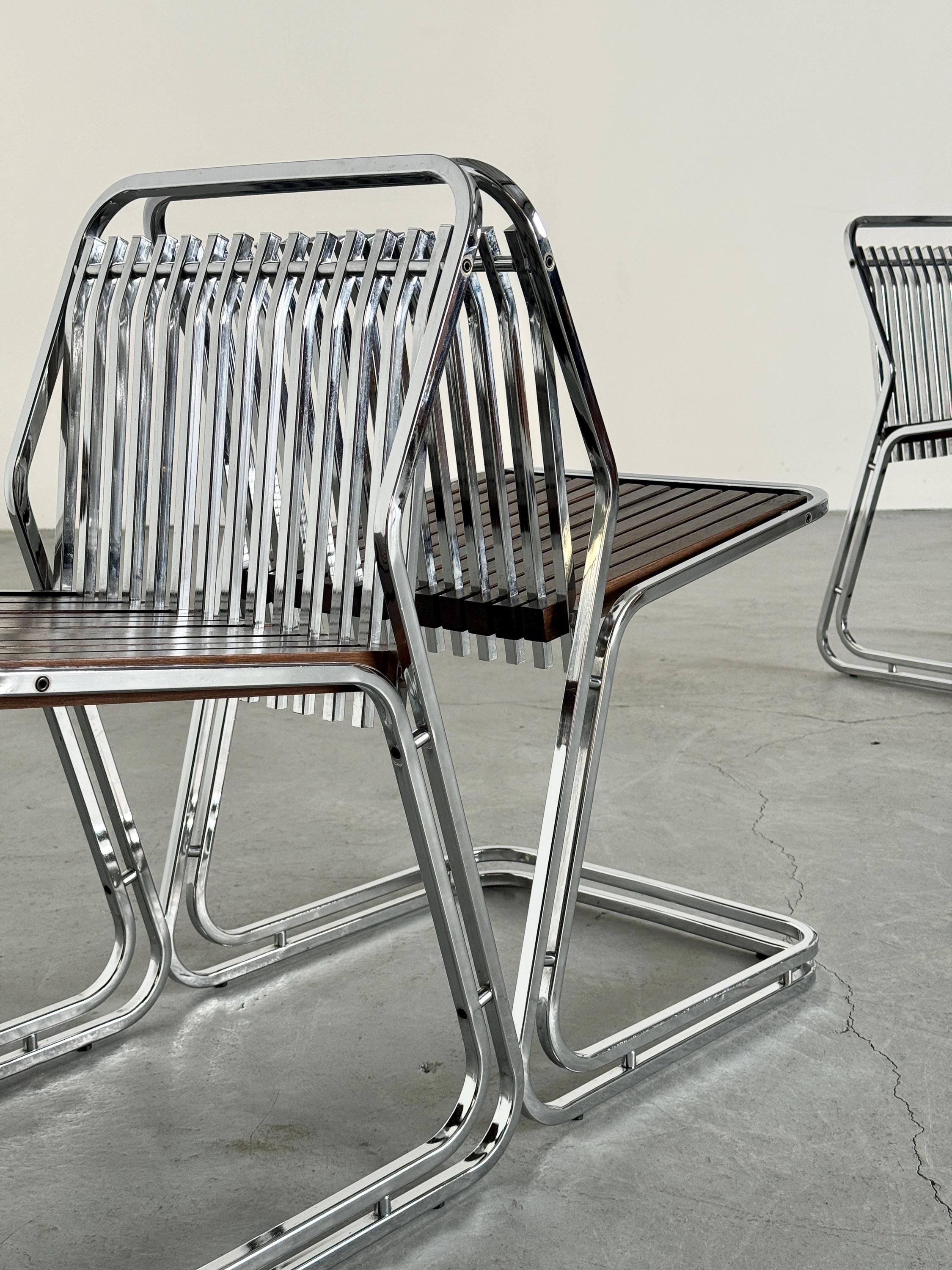 Cantilever Chairs in Chromed Steel and Slated Wood