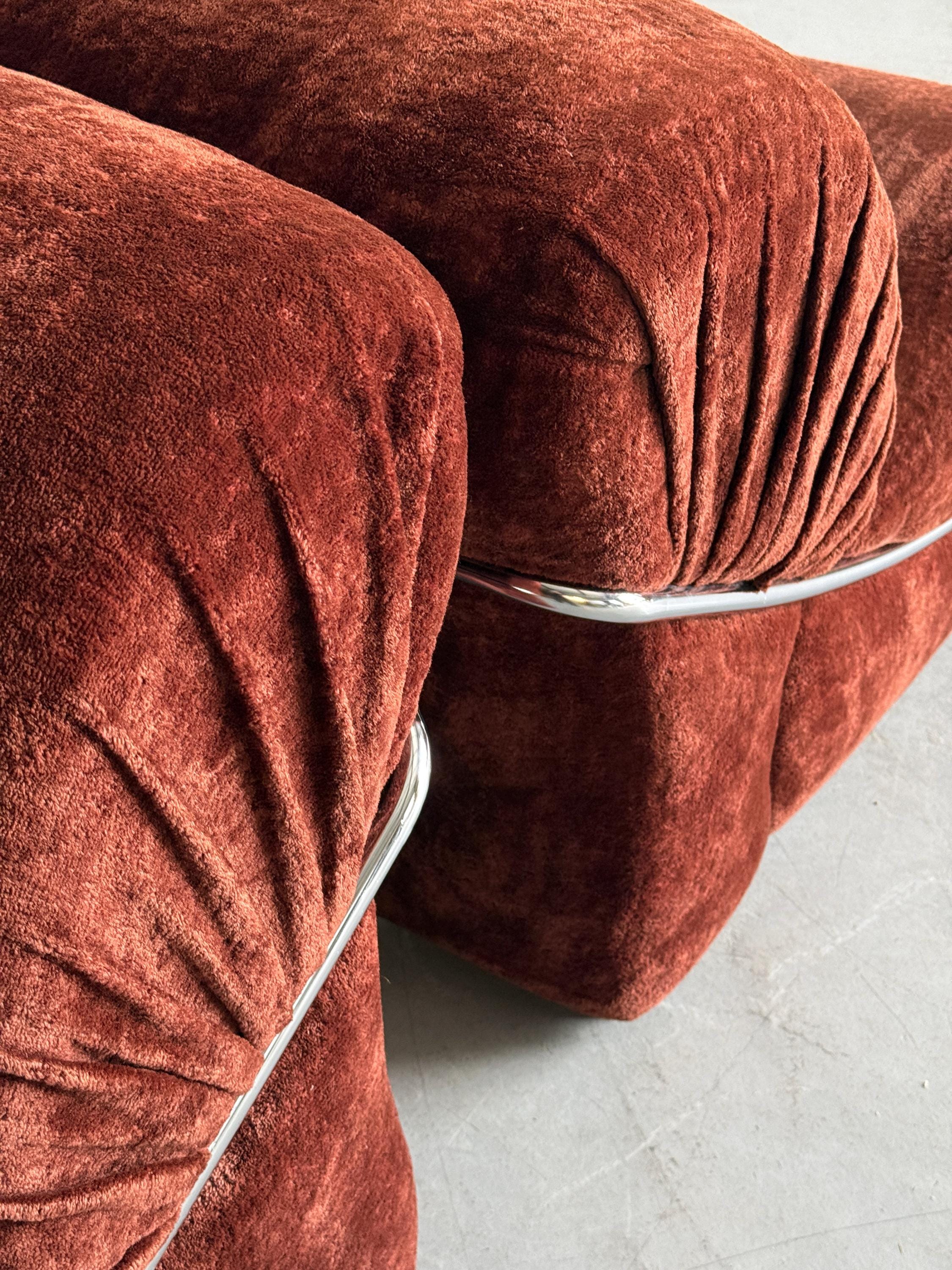 Rust Velvet Lounge Chairs with Chromed Frame