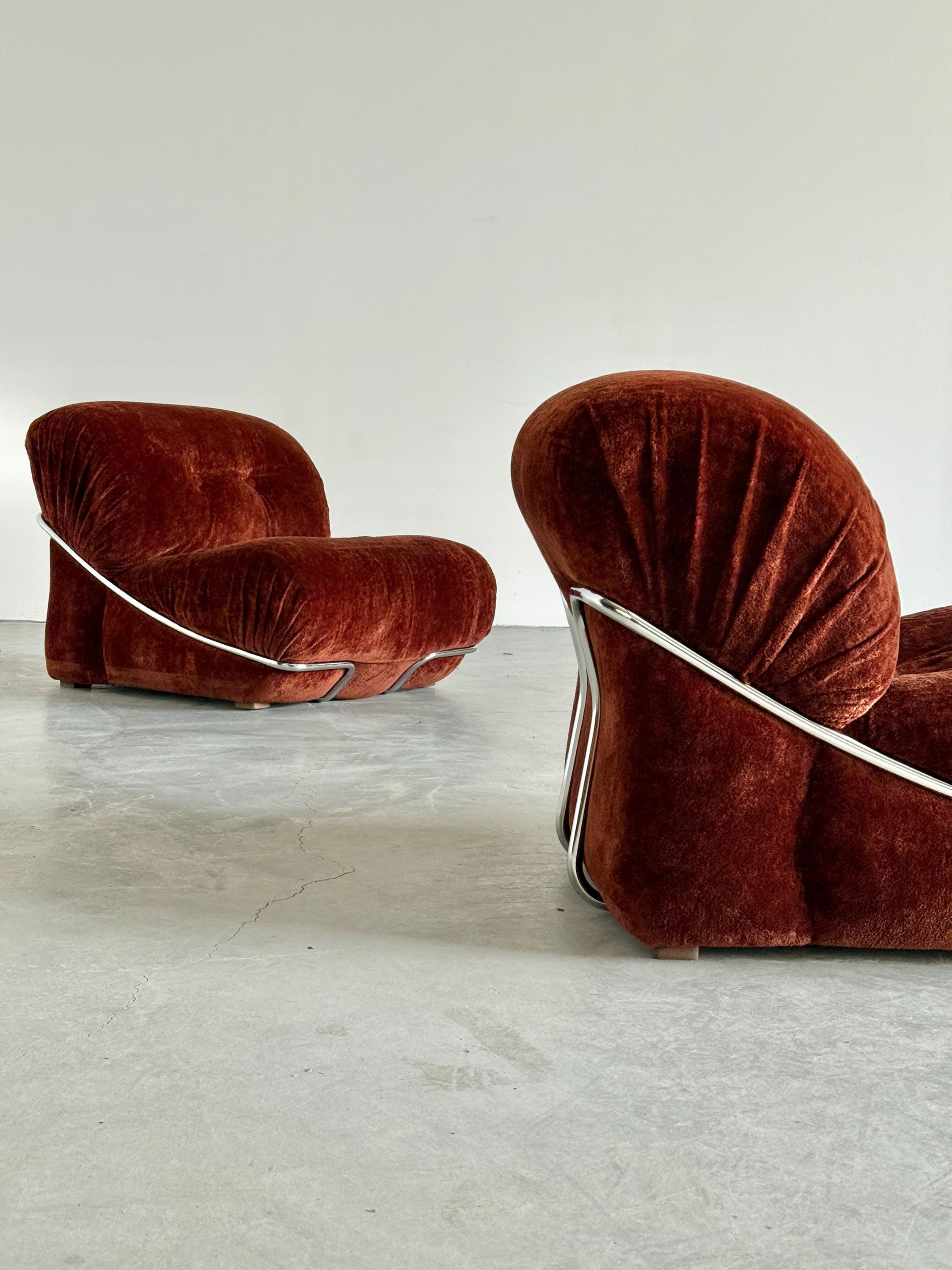 Rust Velvet Lounge Chairs with Chromed Frame