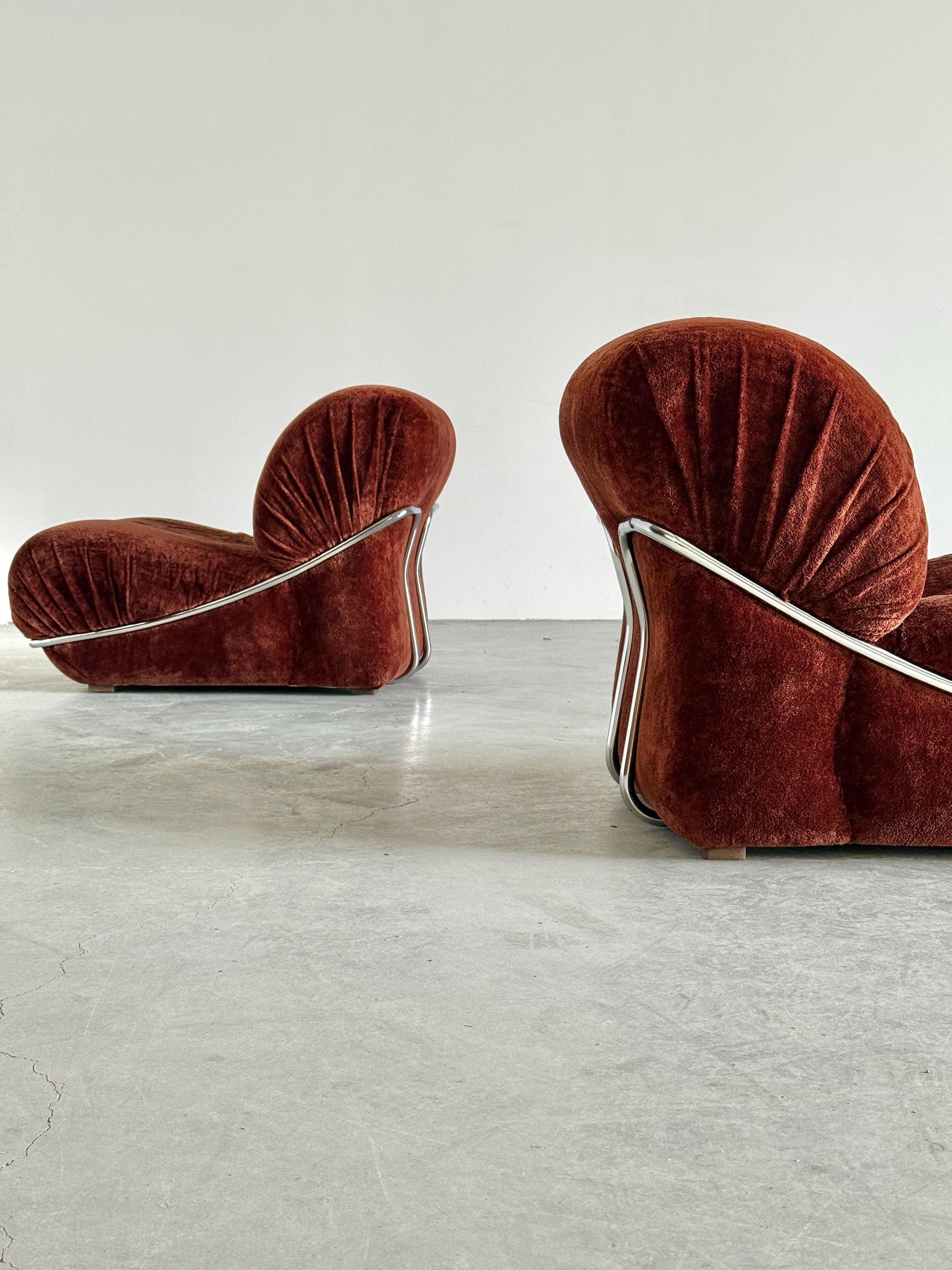 Rust Velvet Lounge Chairs with Chromed Frame