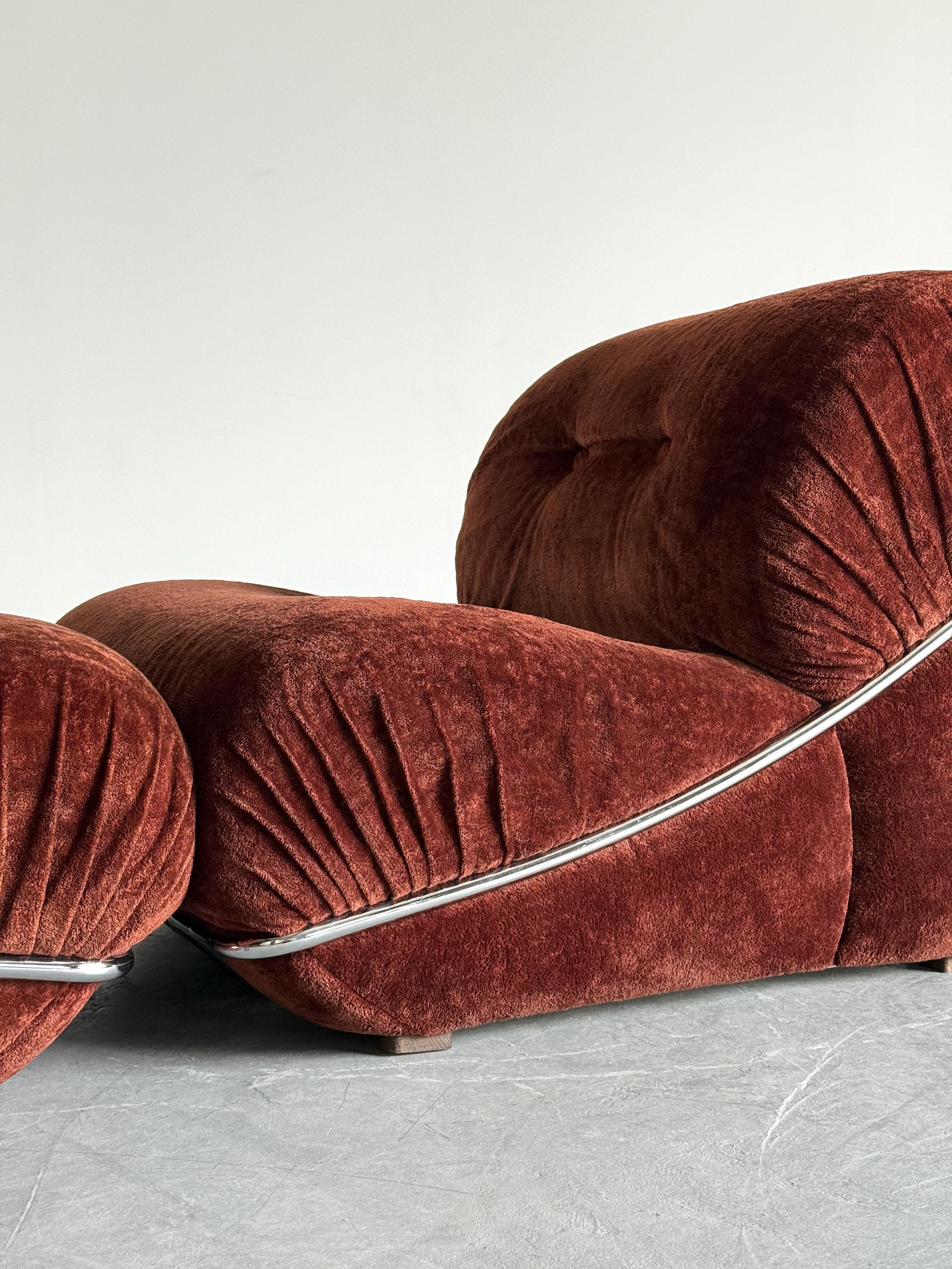 Rust Velvet Lounge Chairs with Chromed Frame