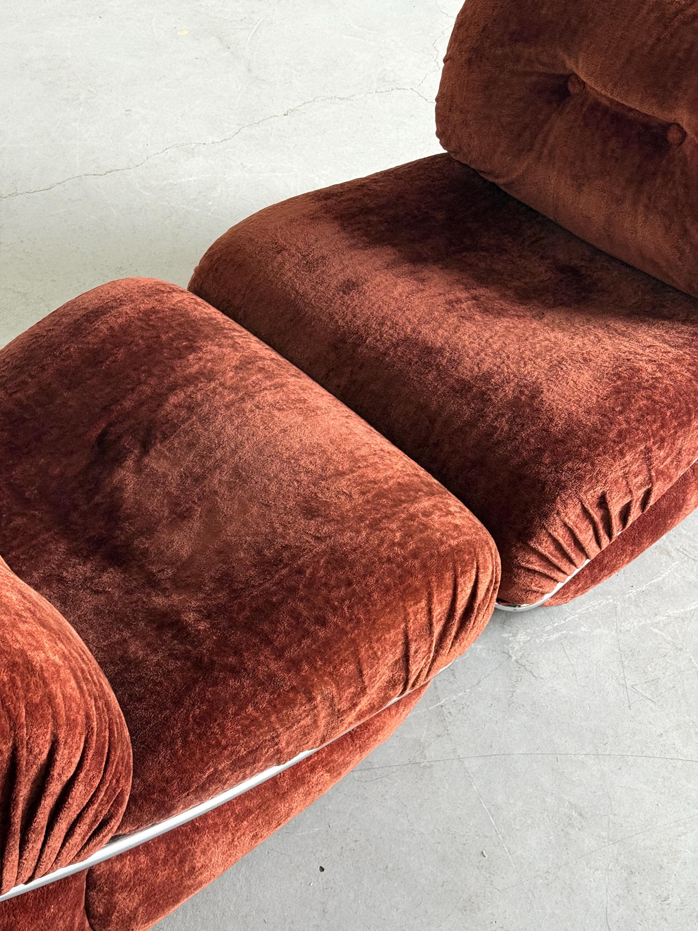 Rust Velvet Lounge Chairs with Chromed Frame