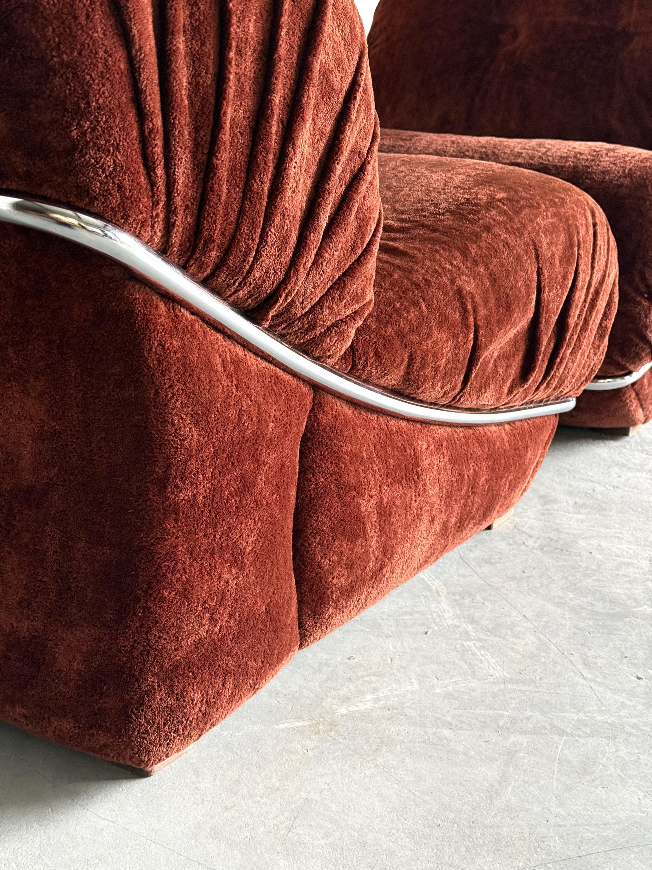 Rust Velvet Lounge Chairs with Chromed Frame