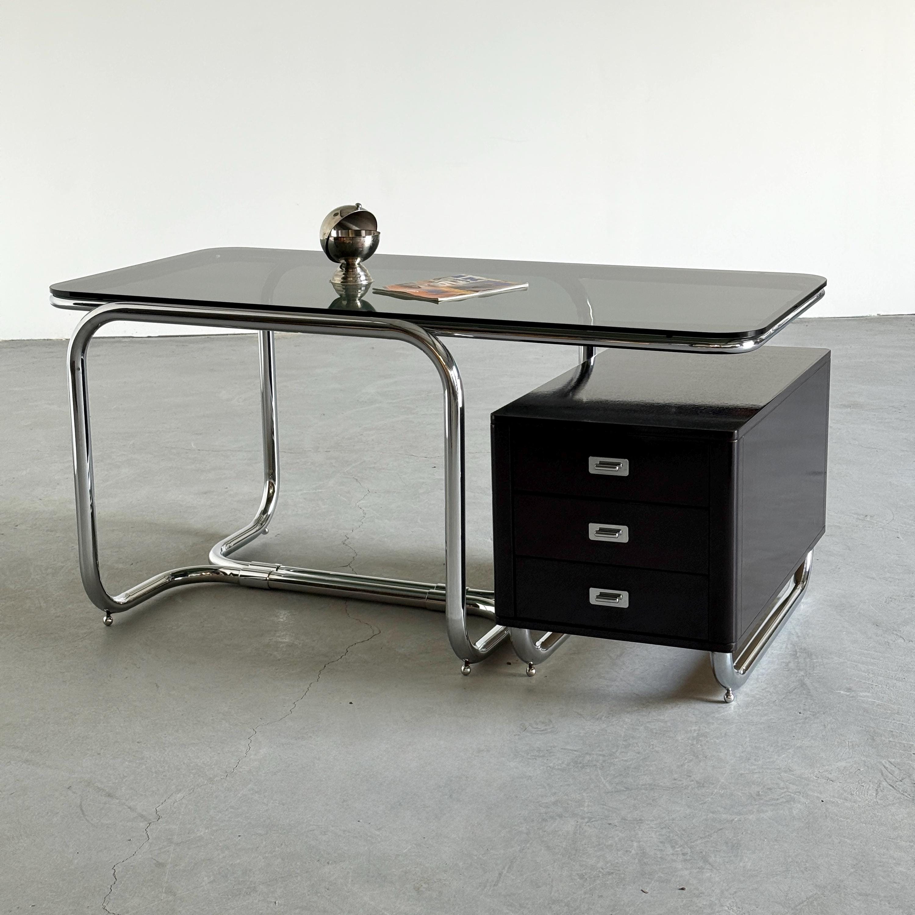 Office Desk in Chrome Tubular Steel, Glass and Lacquered Wood