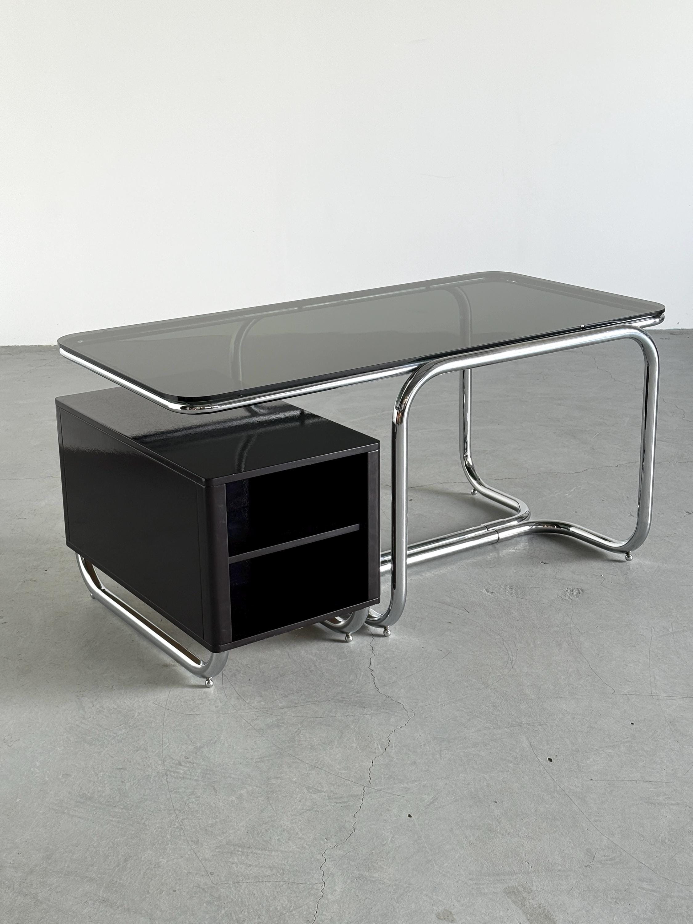 Office Desk in Chrome Tubular Steel, Glass and Lacquered Wood