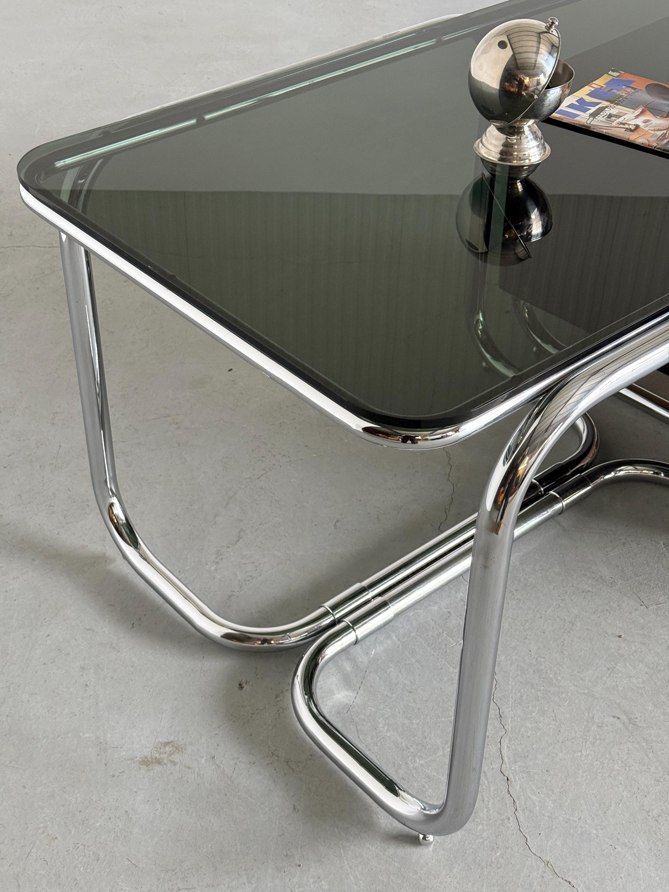 Office Desk in Chrome Tubular Steel, Glass and Lacquered Wood