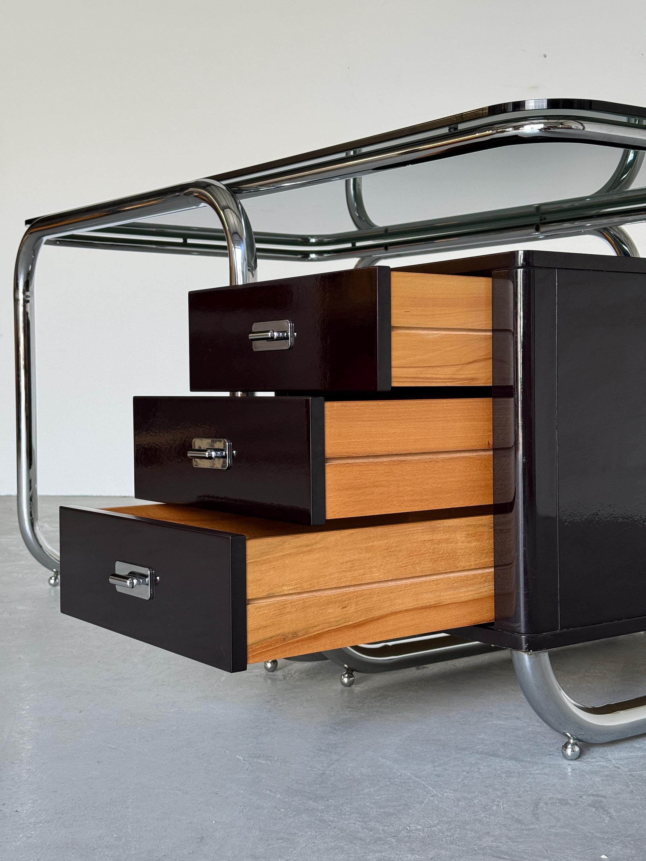 Office Desk in Chrome Tubular Steel, Glass and Lacquered Wood