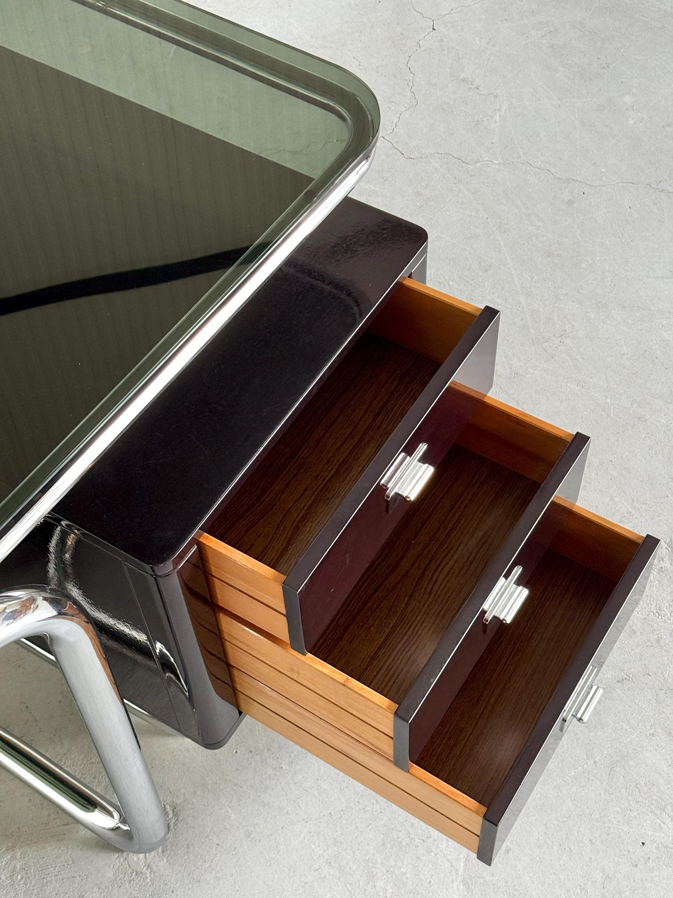 Office Desk in Chrome Tubular Steel, Glass and Lacquered Wood