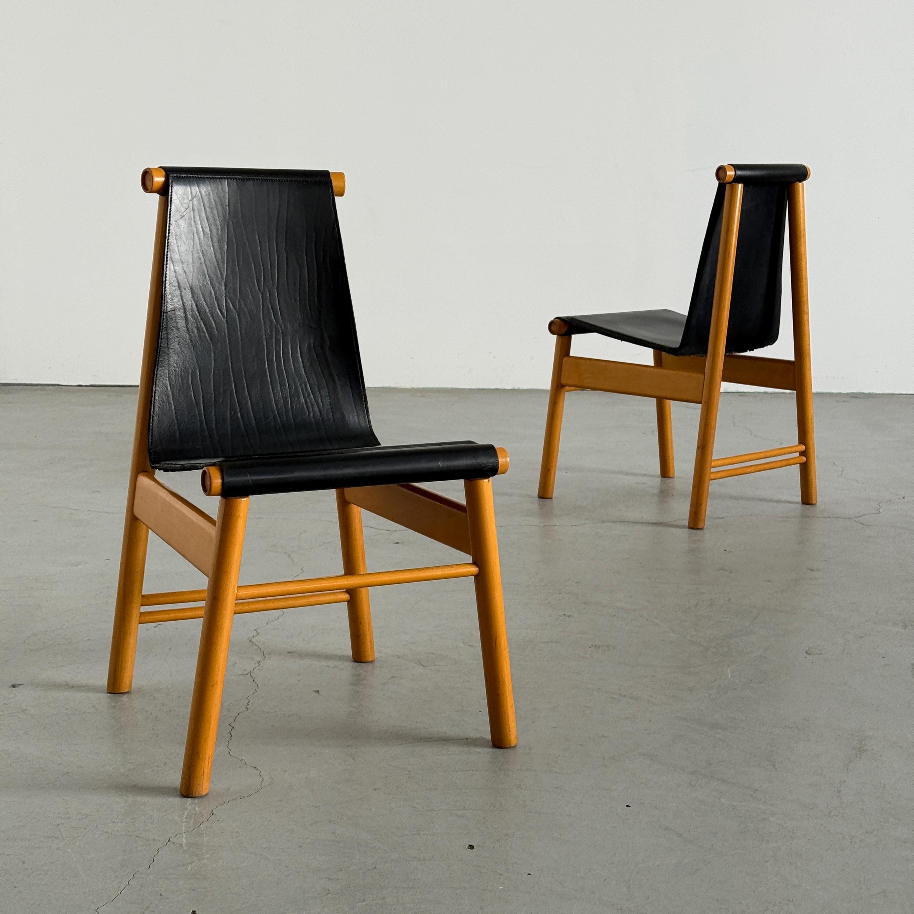 Sculptural Dining Chairs, Black Leather and Wood