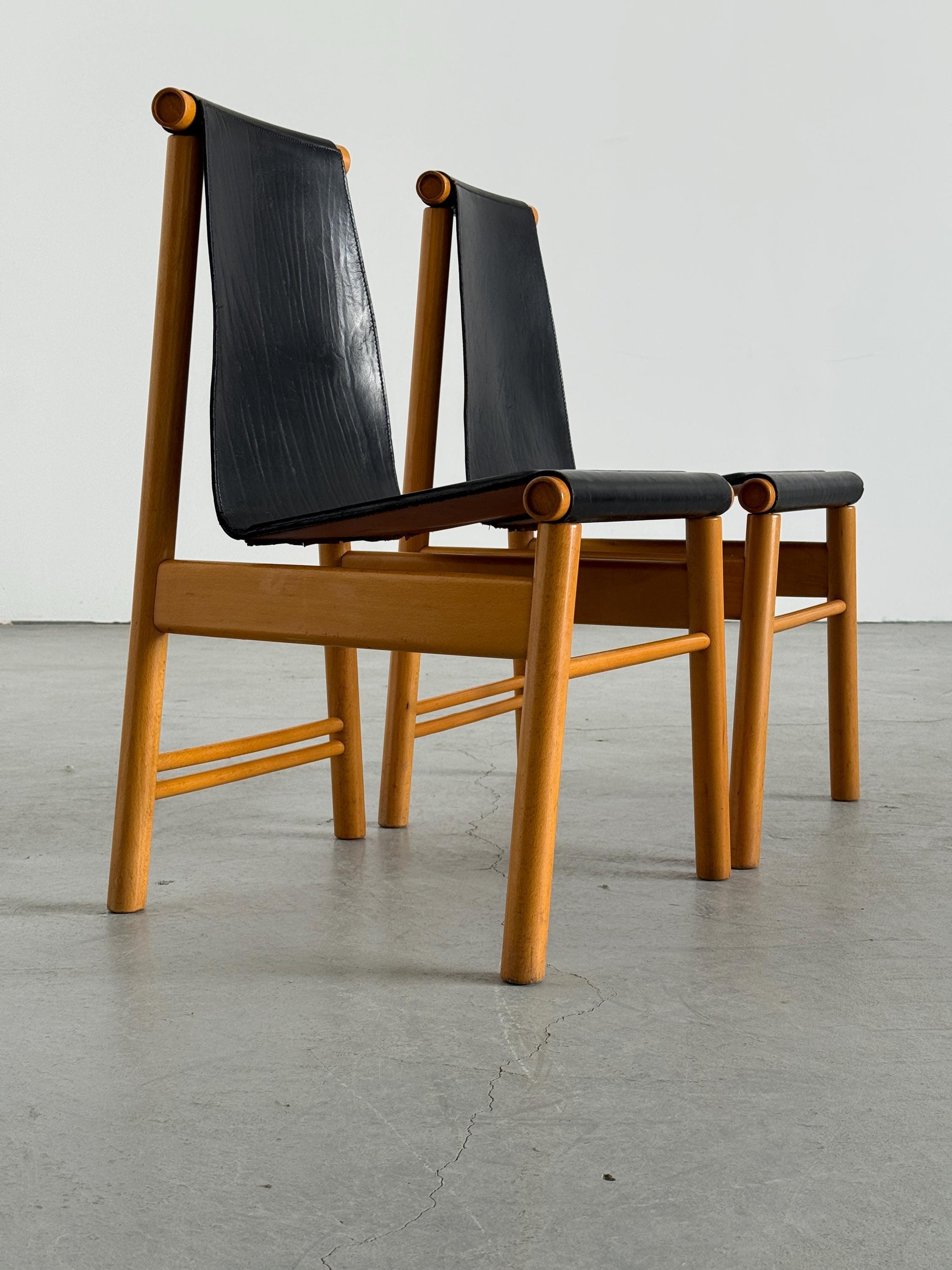 Sculptural Dining Chairs, Black Leather and Wood