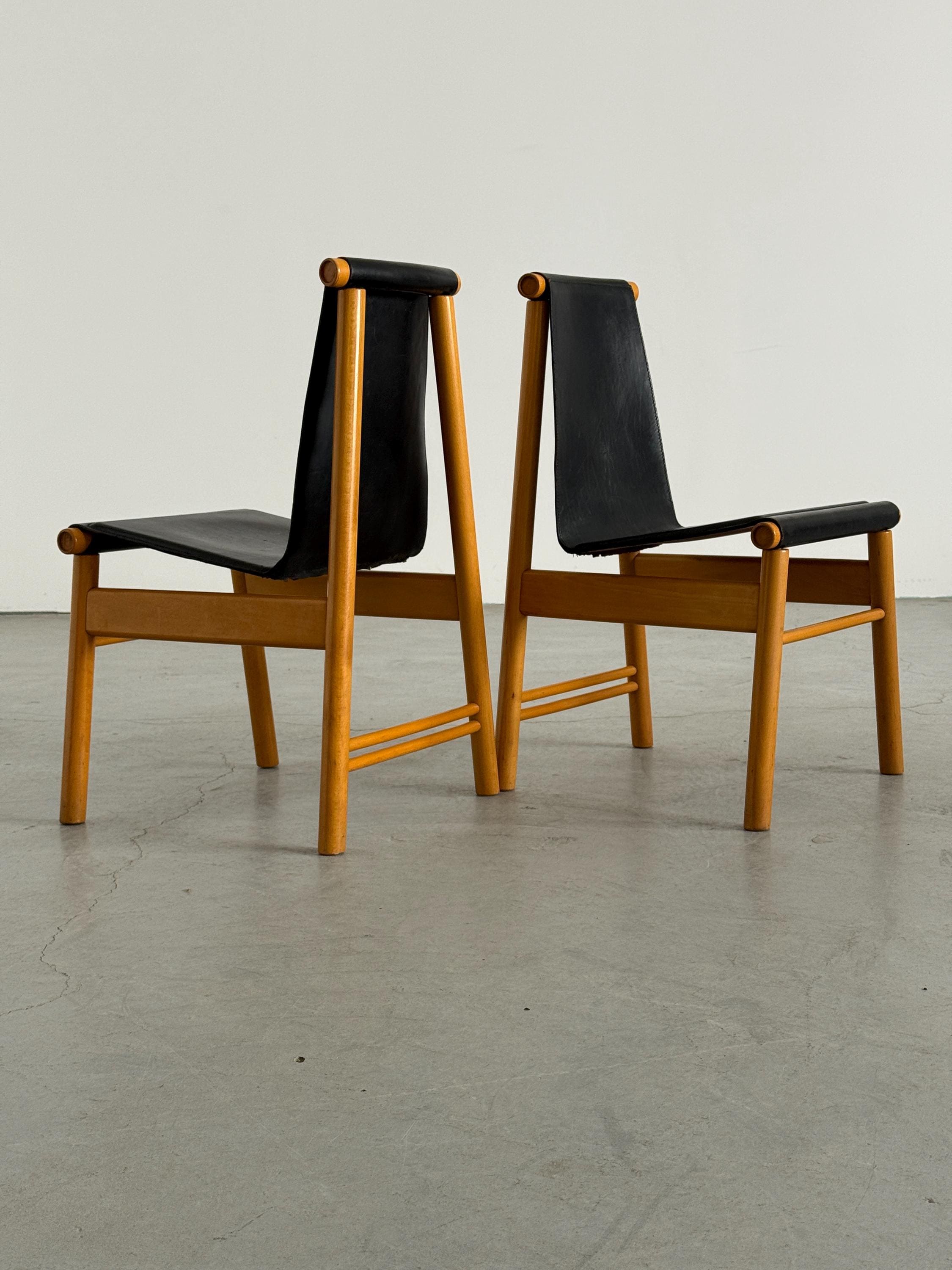 Sculptural Dining Chairs, Black Leather and Wood