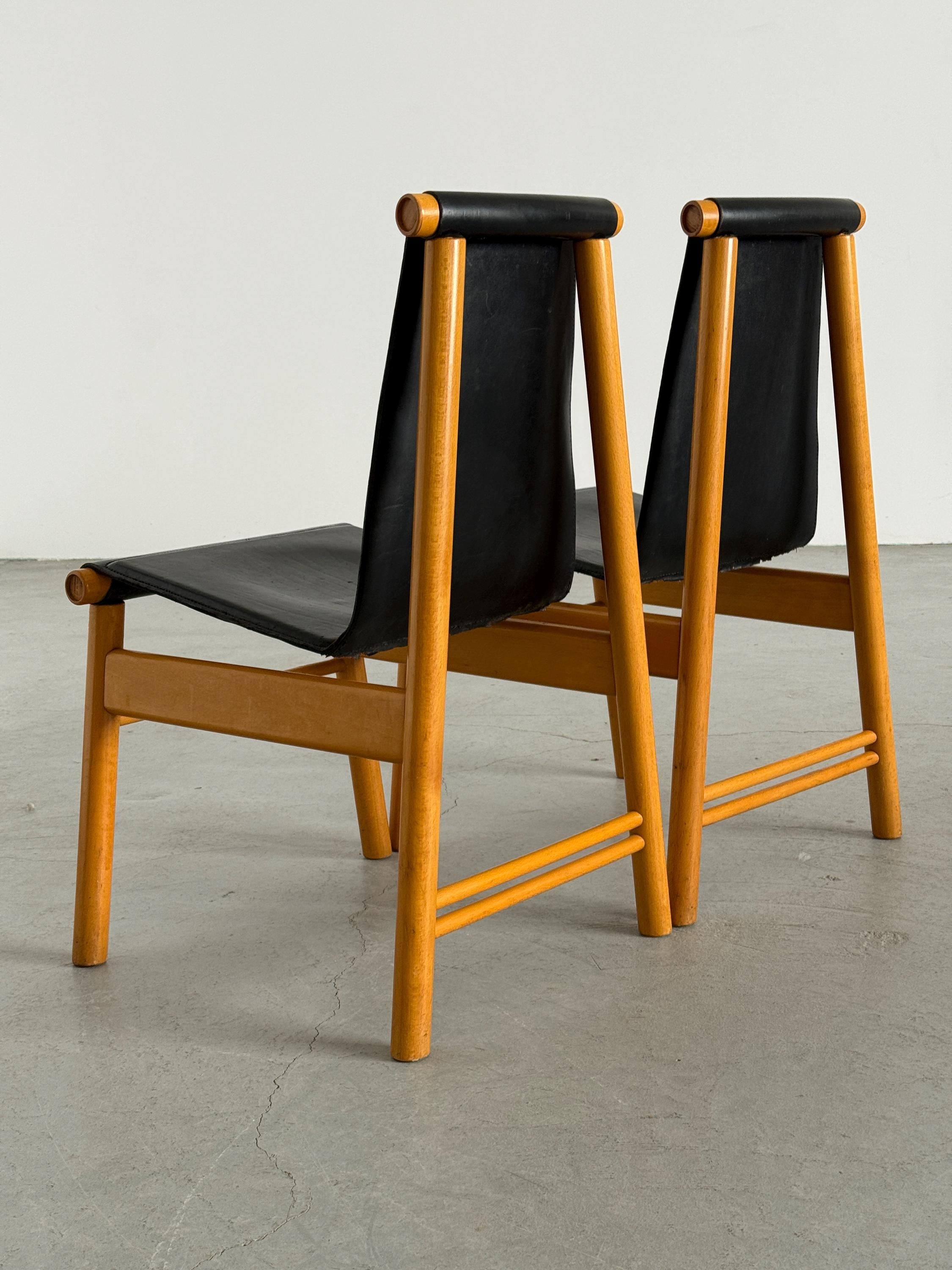 Sculptural Dining Chairs, Black Leather and Wood