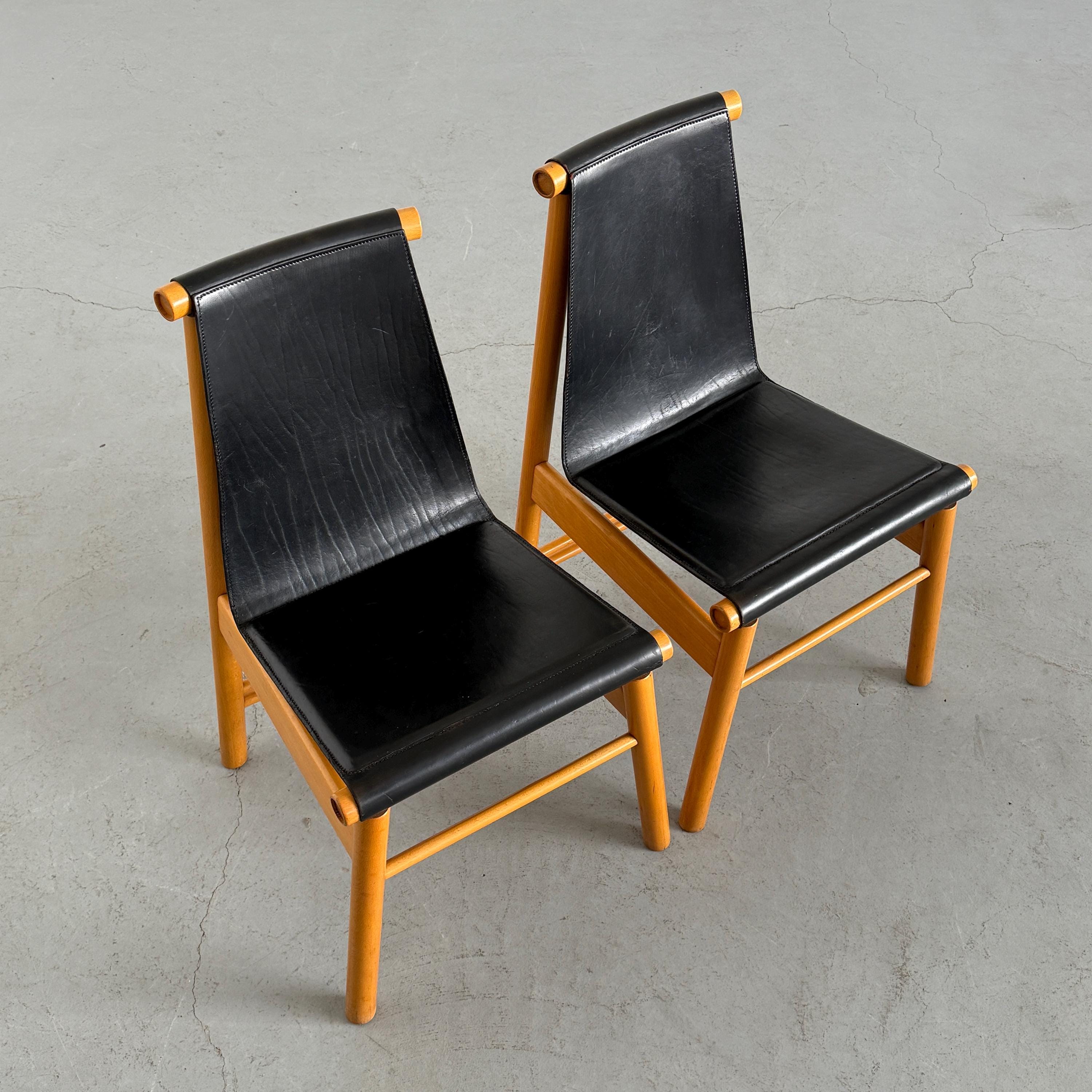 Sculptural Dining Chairs, Black Leather and Wood