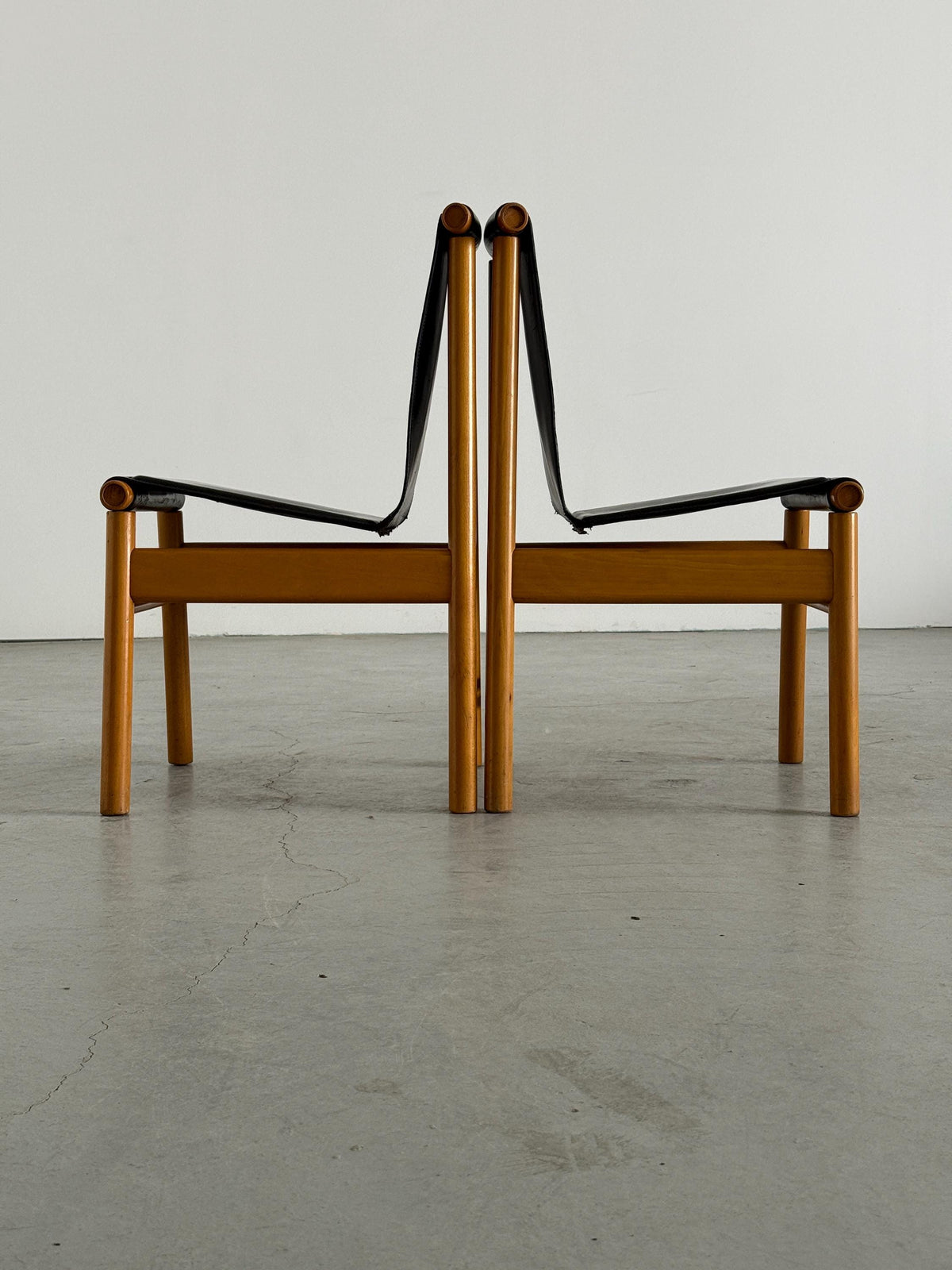 Sculptural Dining Chairs, Black Leather and Wood