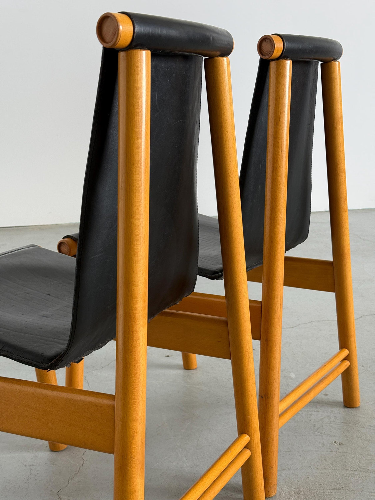 Sculptural Dining Chairs, Black Leather and Wood