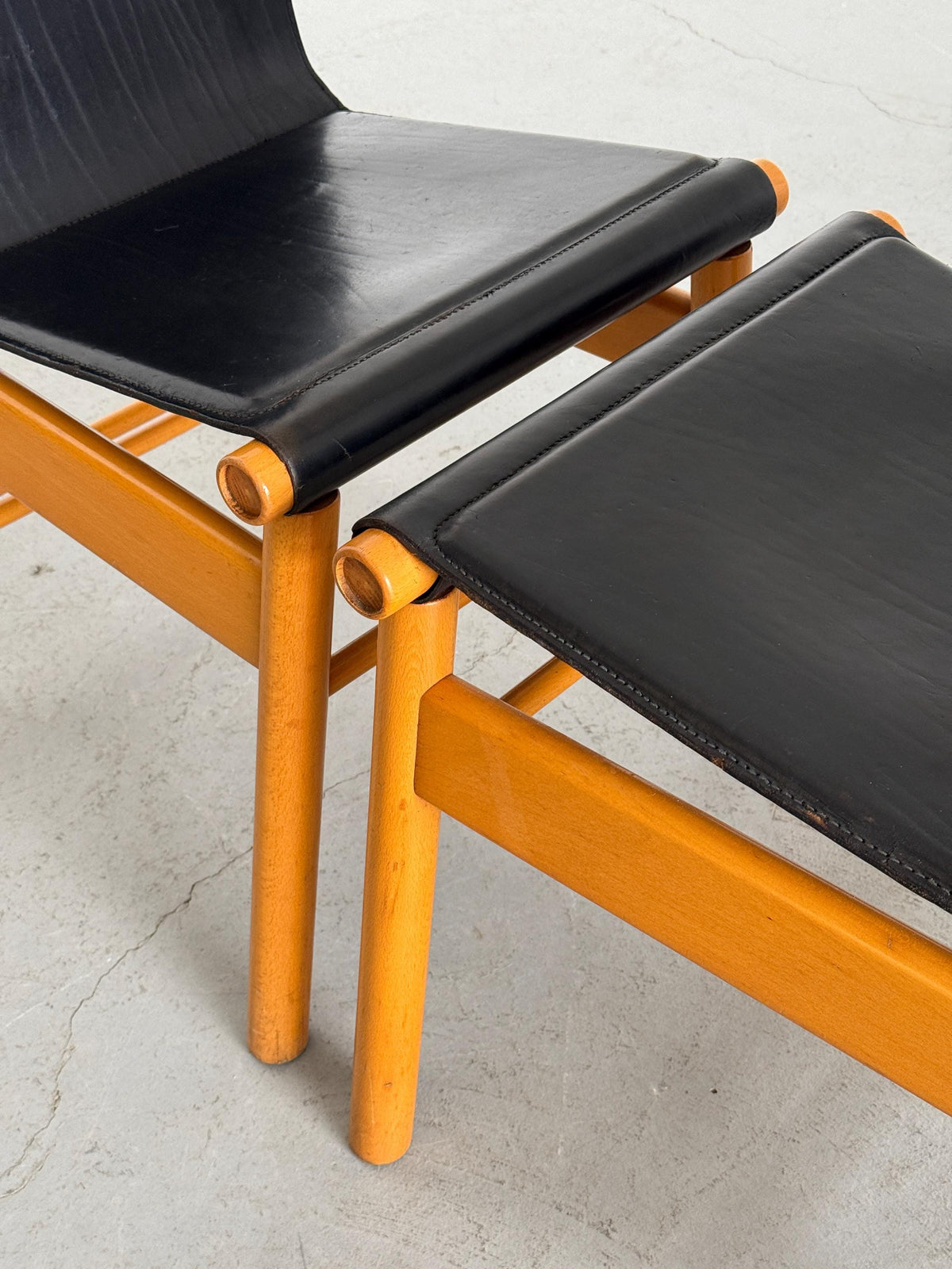 Sculptural Dining Chairs, Black Leather and Wood