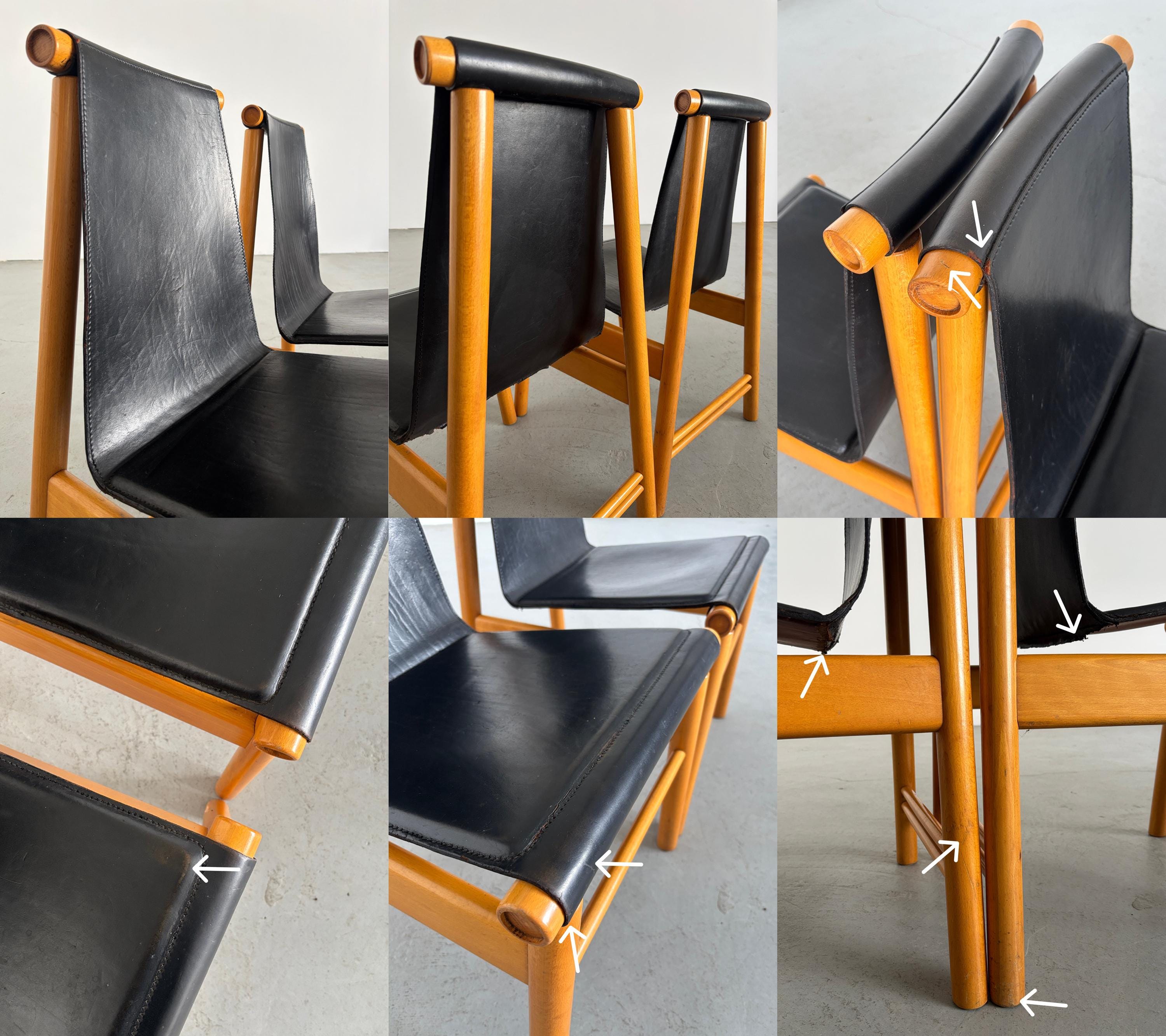 Sculptural Dining Chairs, Black Leather and Wood