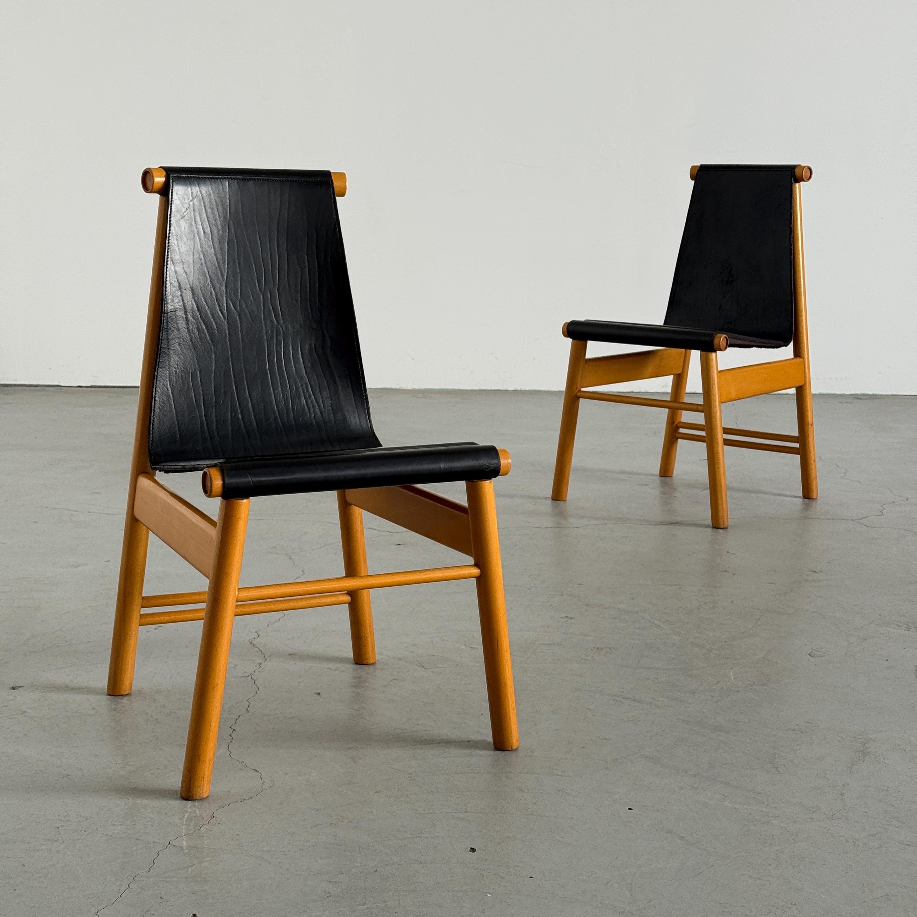 Sculptural Dining Chairs, Black Leather and Wood