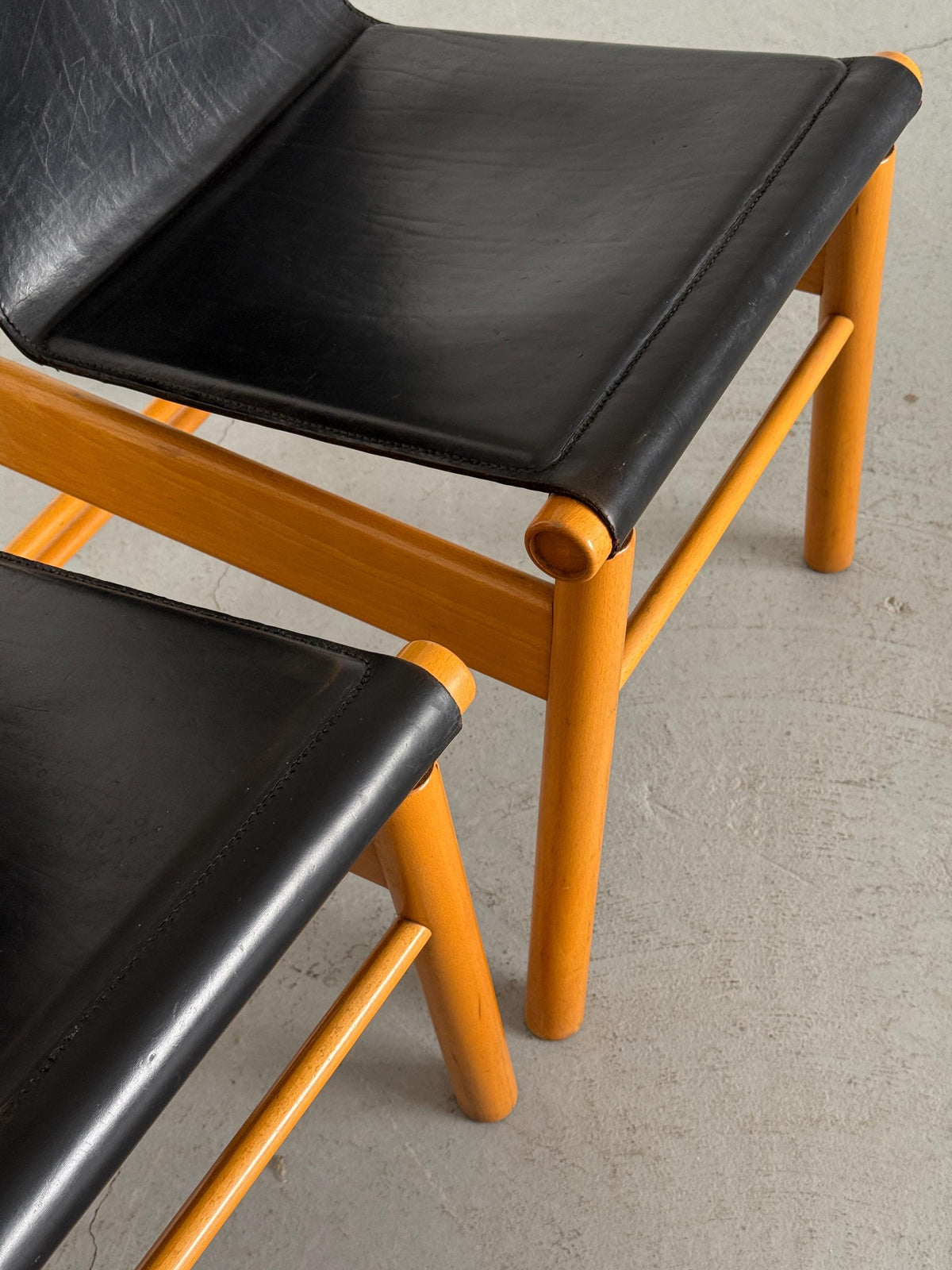 Sculptural Dining Chairs, Black Leather and Wood