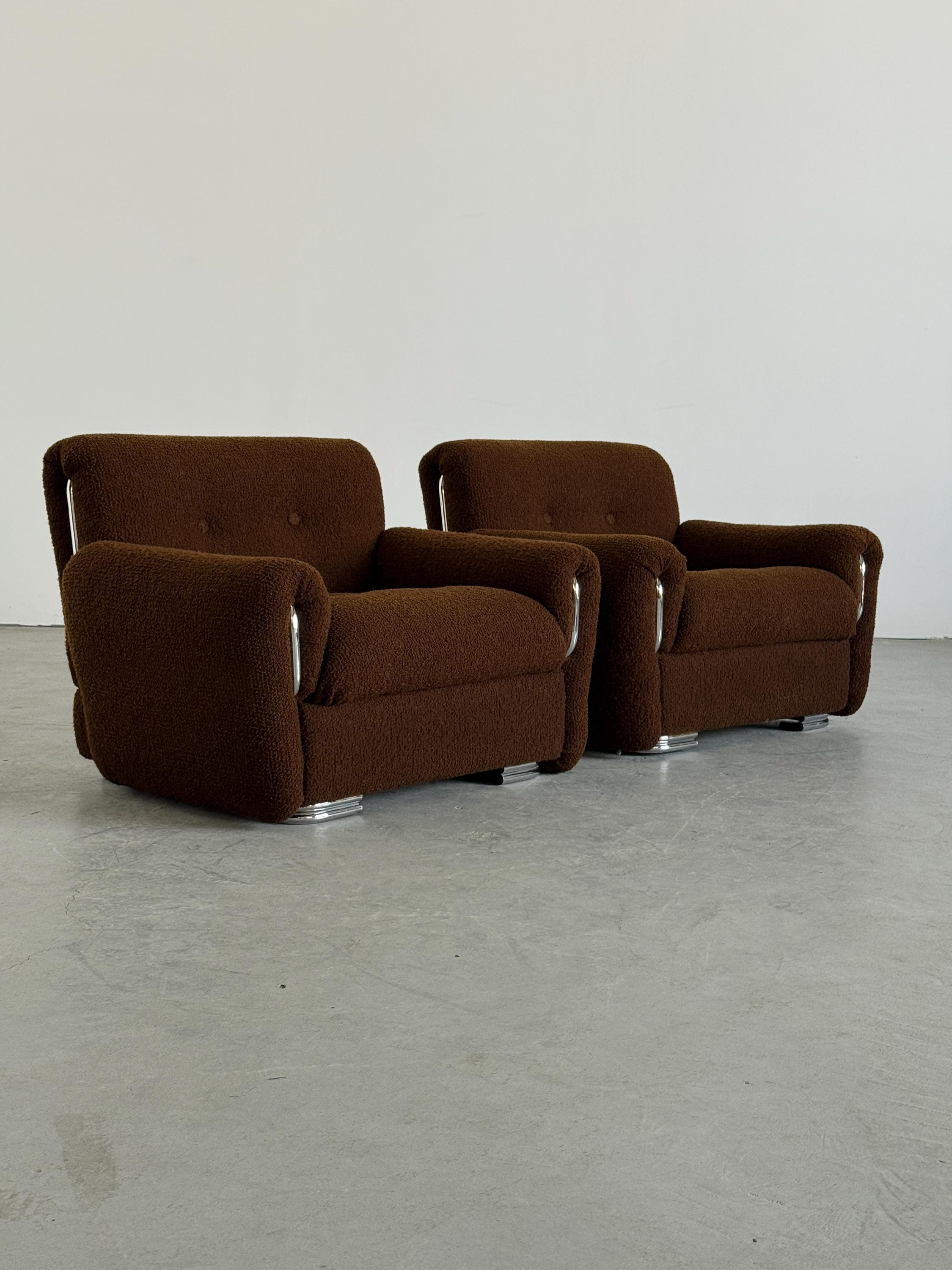 Lounge Chairs in Brown Boucle with Chrome Accents