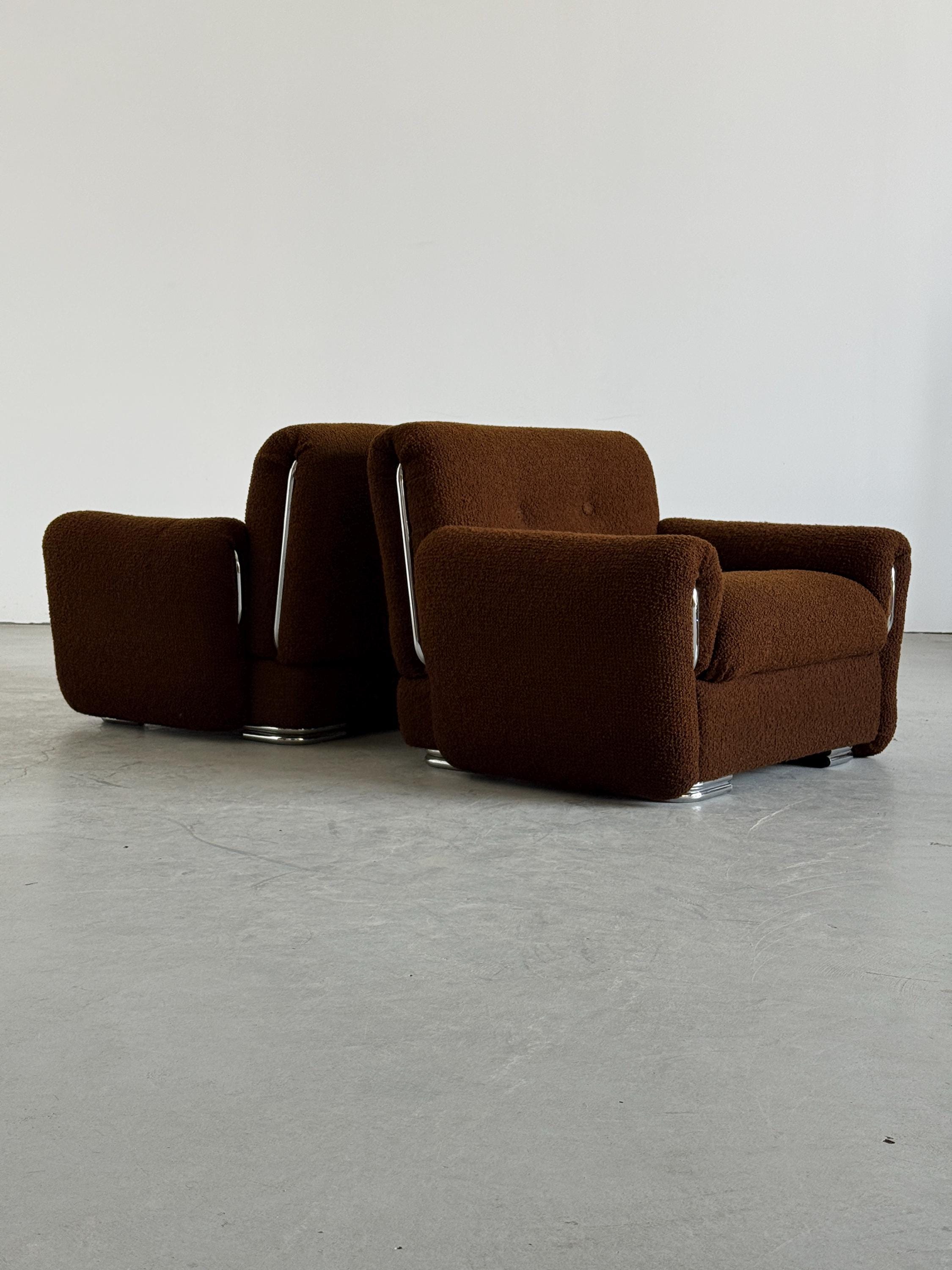 Lounge Chairs in Brown Boucle with Chrome Accents