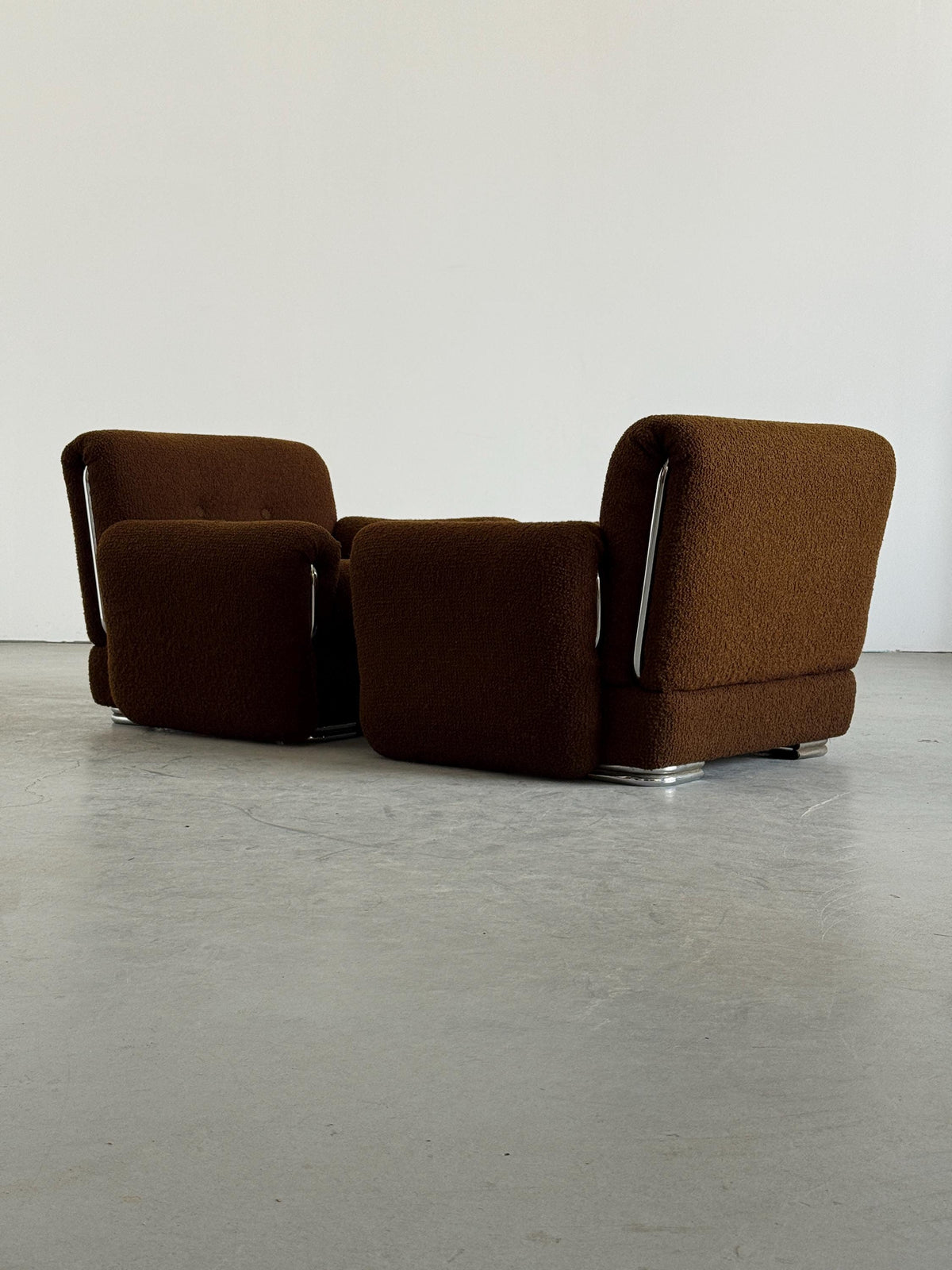 Lounge Chairs in Brown Boucle with Chrome Accents