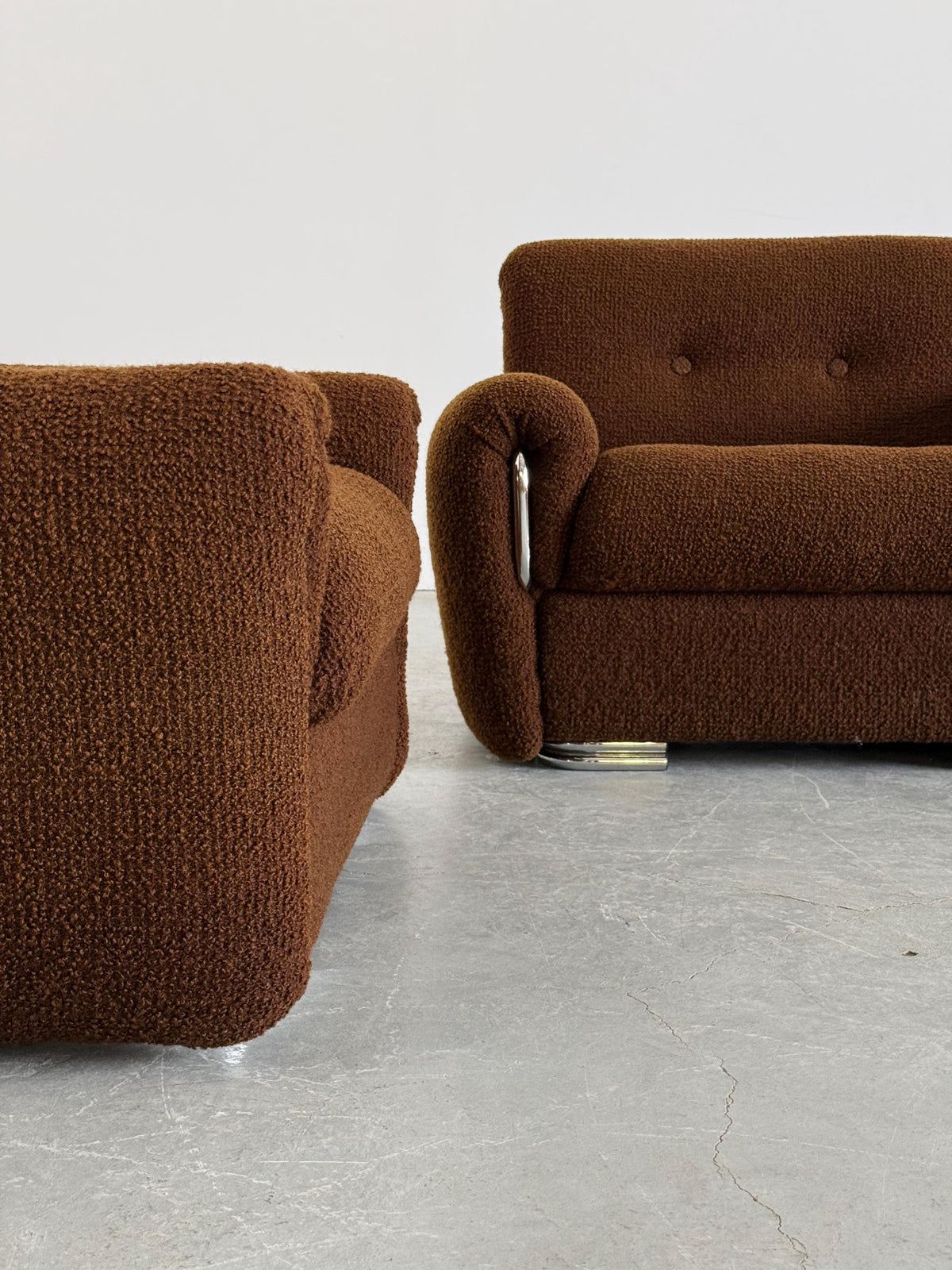 Lounge Chairs in Brown Boucle with Chrome Accents