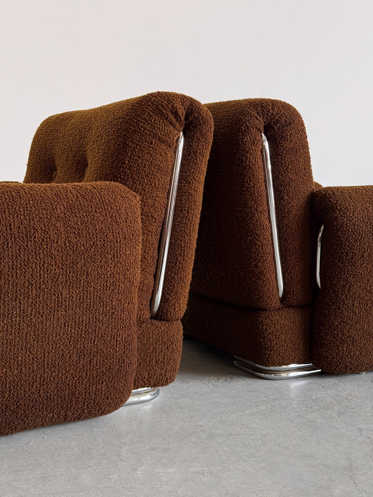 Lounge Chairs in Brown Boucle with Chrome Accents