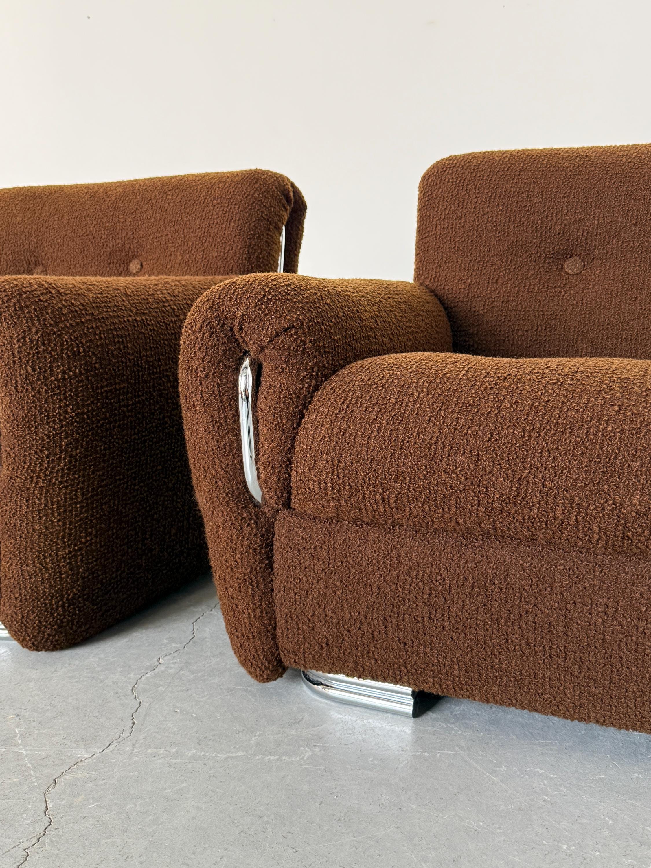 Lounge Chairs in Brown Boucle with Chrome Accents